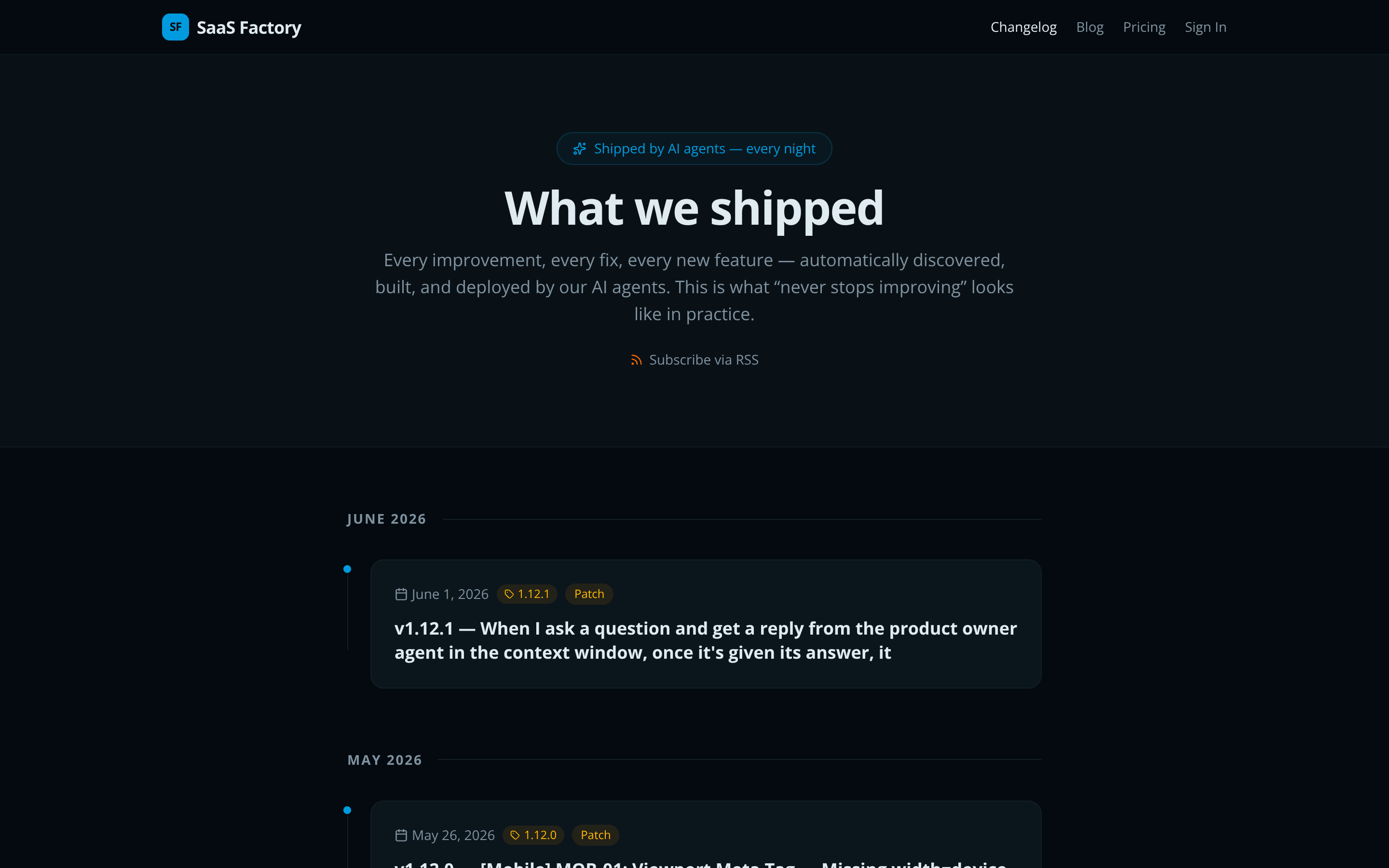 SaaS Factory changelog showing autonomous feature shipping history