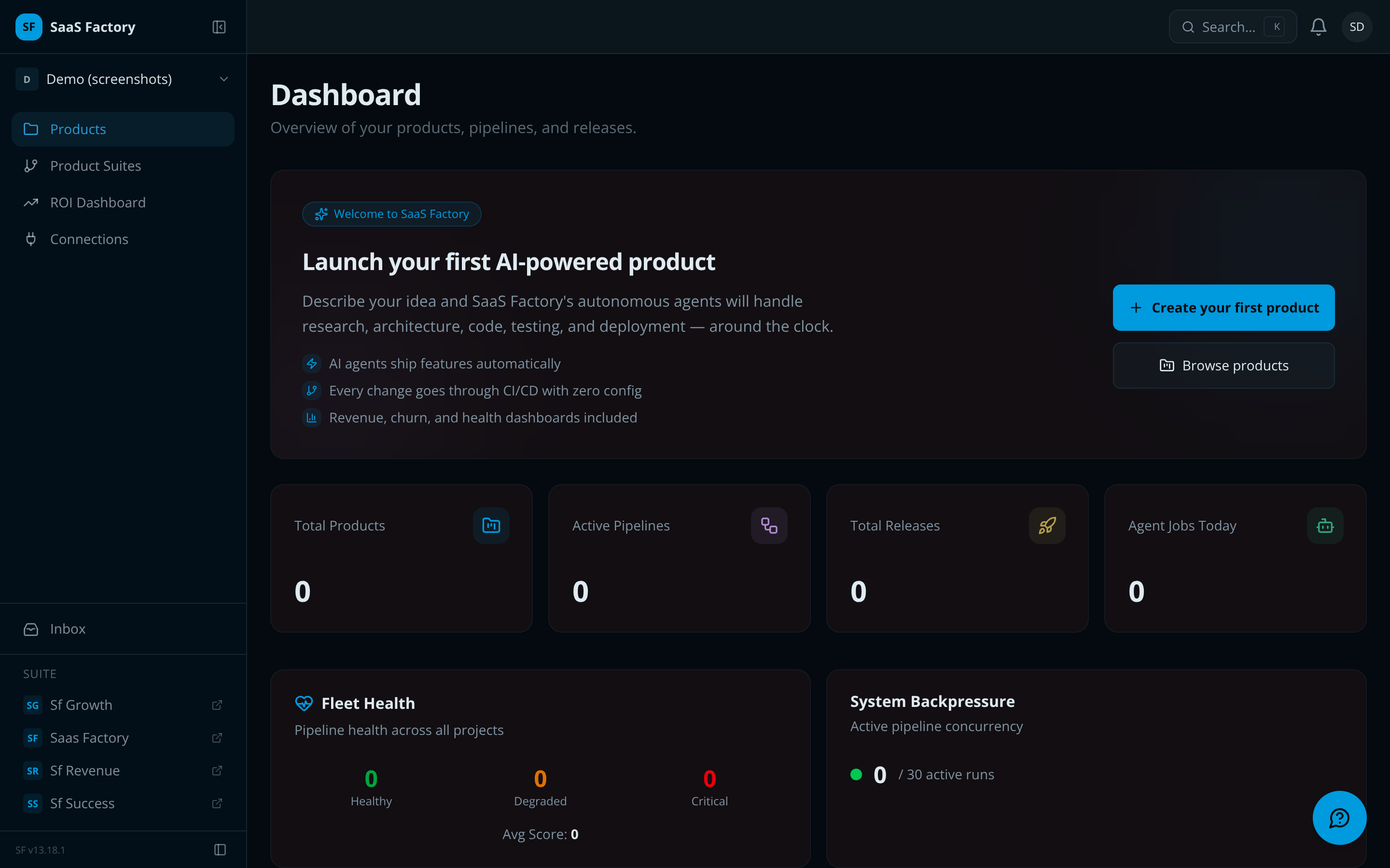 SaaS Factory dashboard showing live pipeline activity and product status