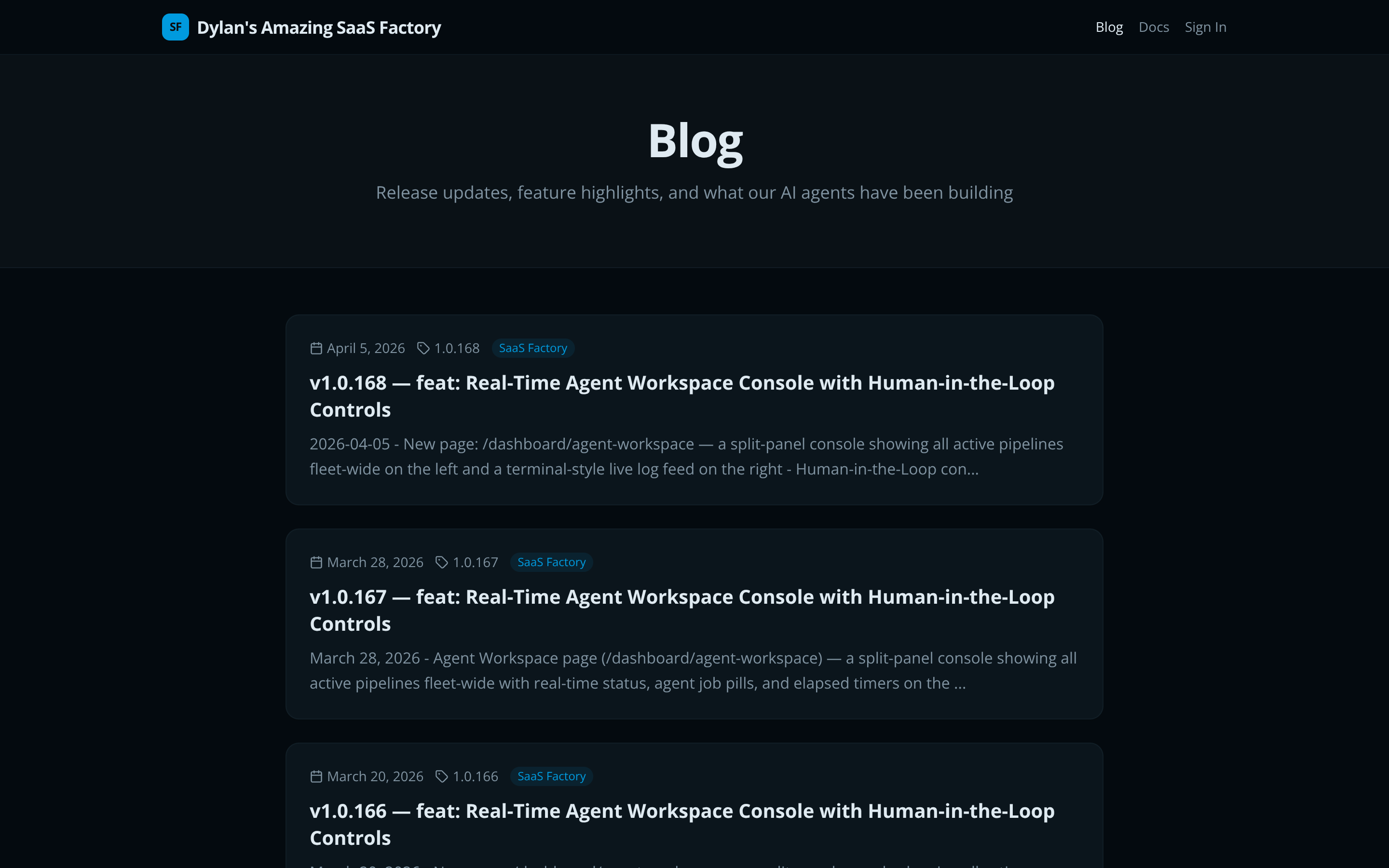 SaaS Factory blog showing release notes and AI-generated content for shipped features