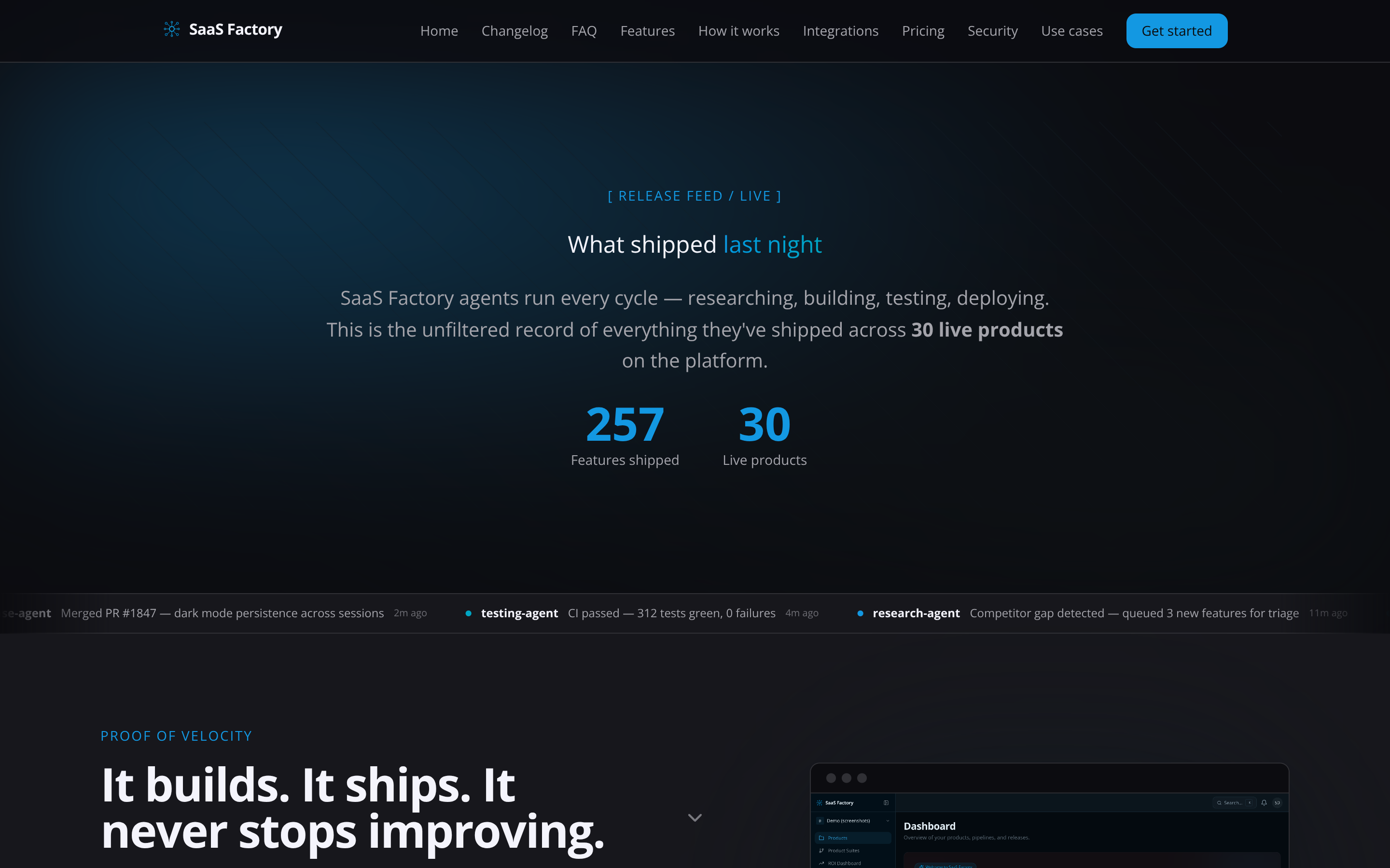 SaaS Factory changelog view showing shipped releases with agent-generated release notes