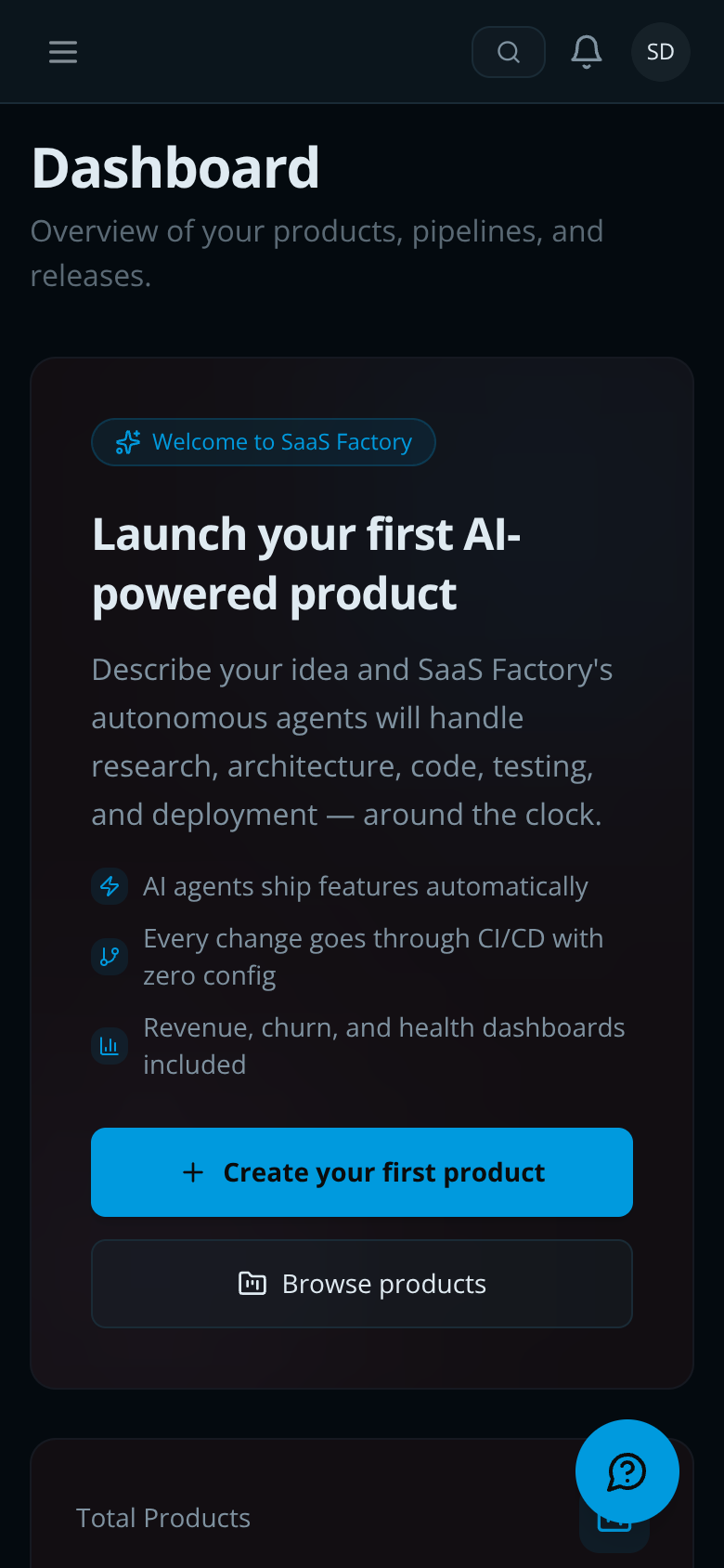 SaaS Factory mobile dashboard showing pipeline and security status