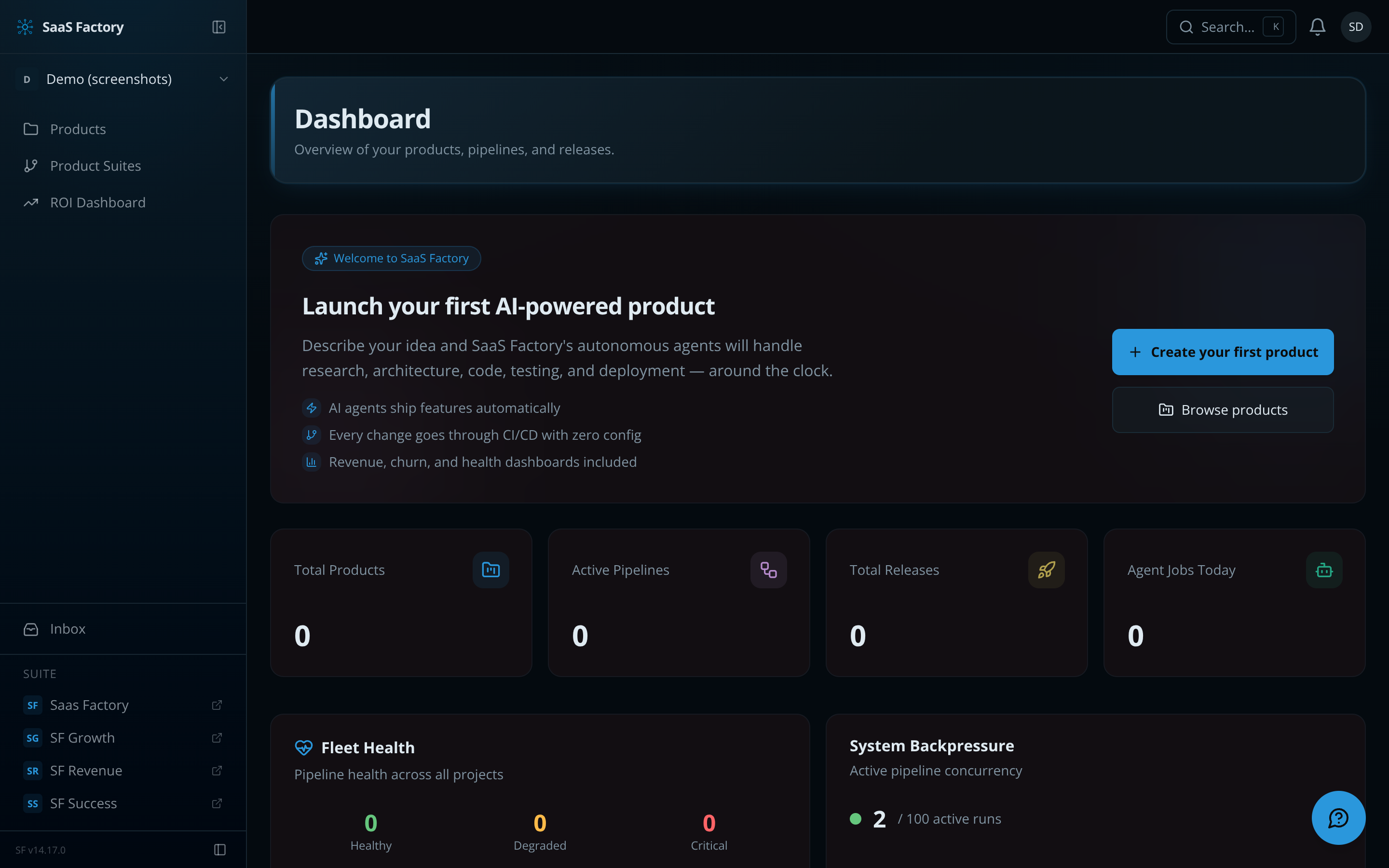 SaaS Factory dashboard showing active pipelines, agent jobs, and product overview