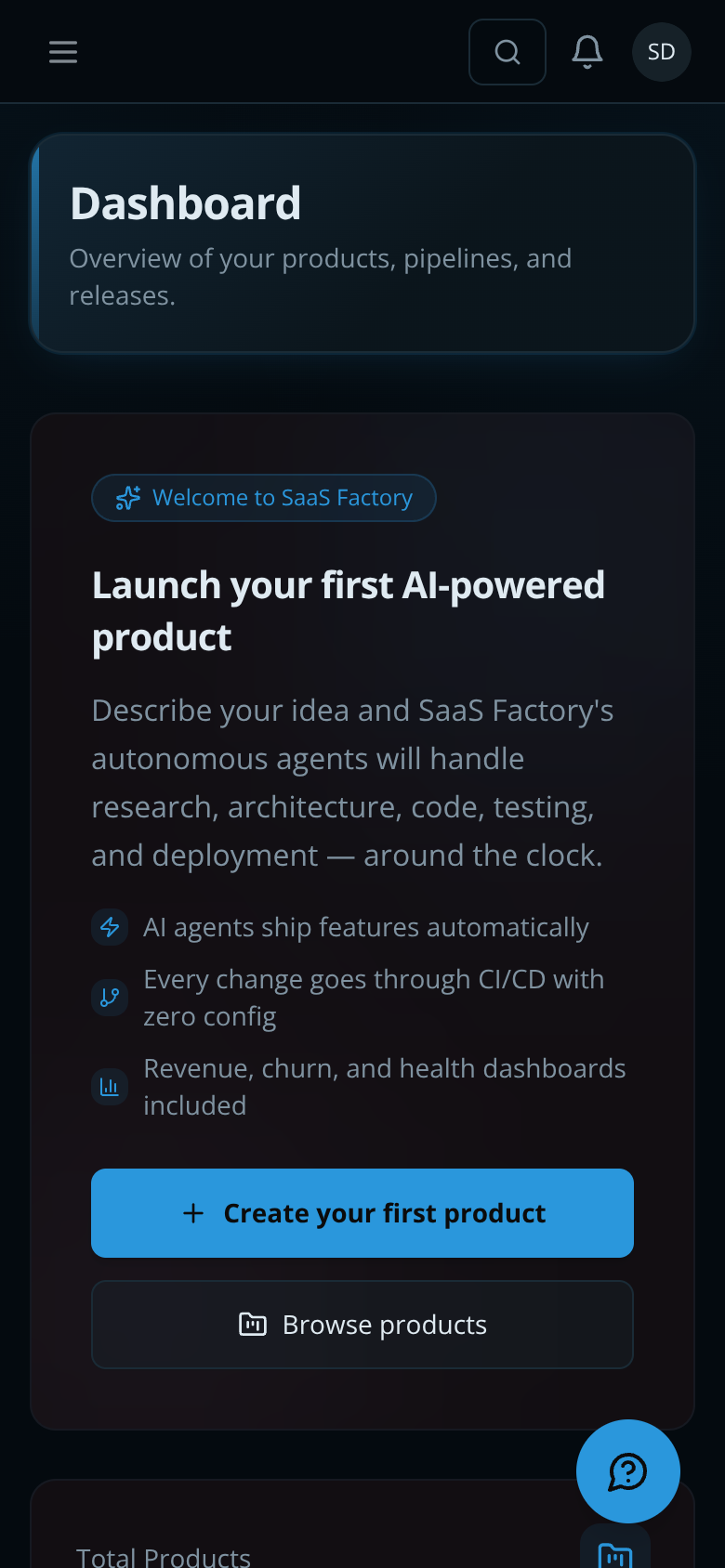 SaaS Factory dashboard on mobile showing agent job activity