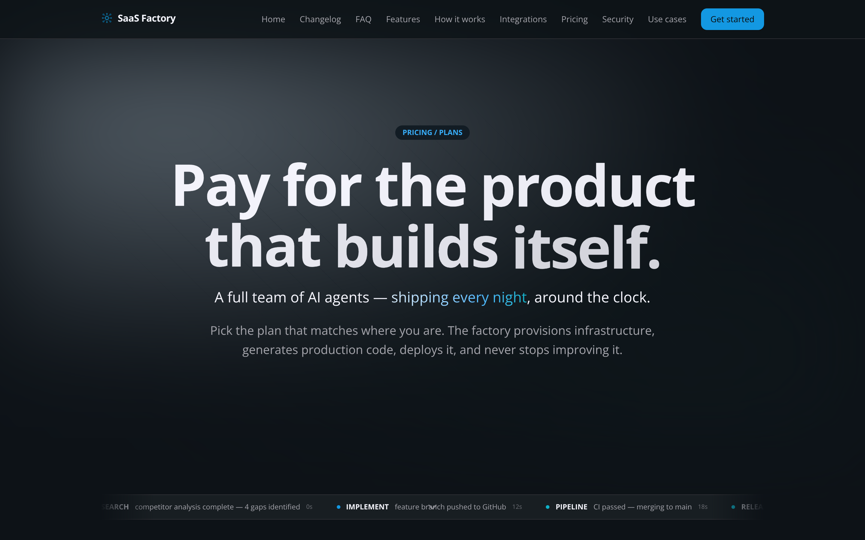 SaaS Factory pricing page — plan comparison on desktop