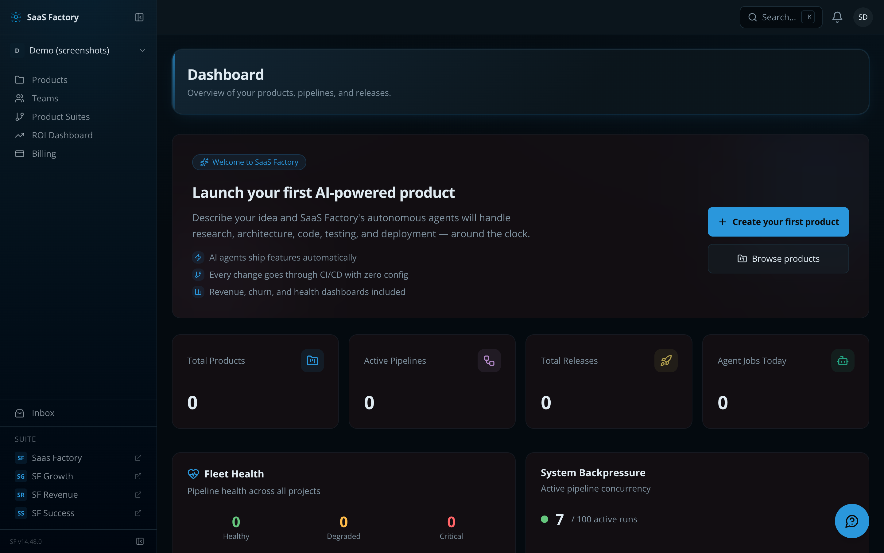 SaaS Factory dashboard showing live pipeline runs, agent jobs, and product fleet