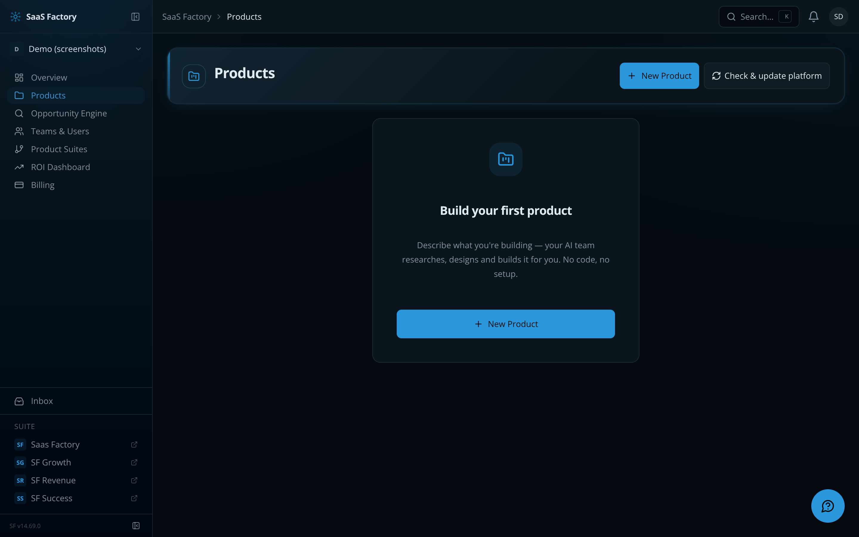 SaaS Factory dashboard showing live pipeline runs, agent jobs, and product fleet