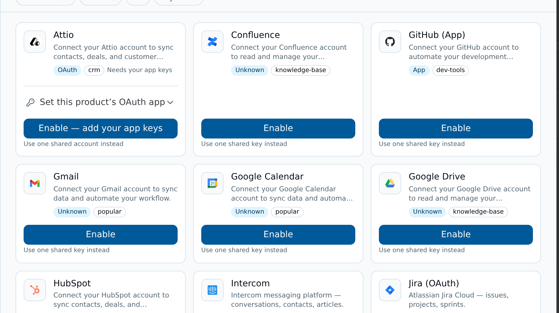 The connection store — GitHub, Gmail, Google Drive, HubSpot, Intercom and Jira, each enabled with your own credentials or one shared key.