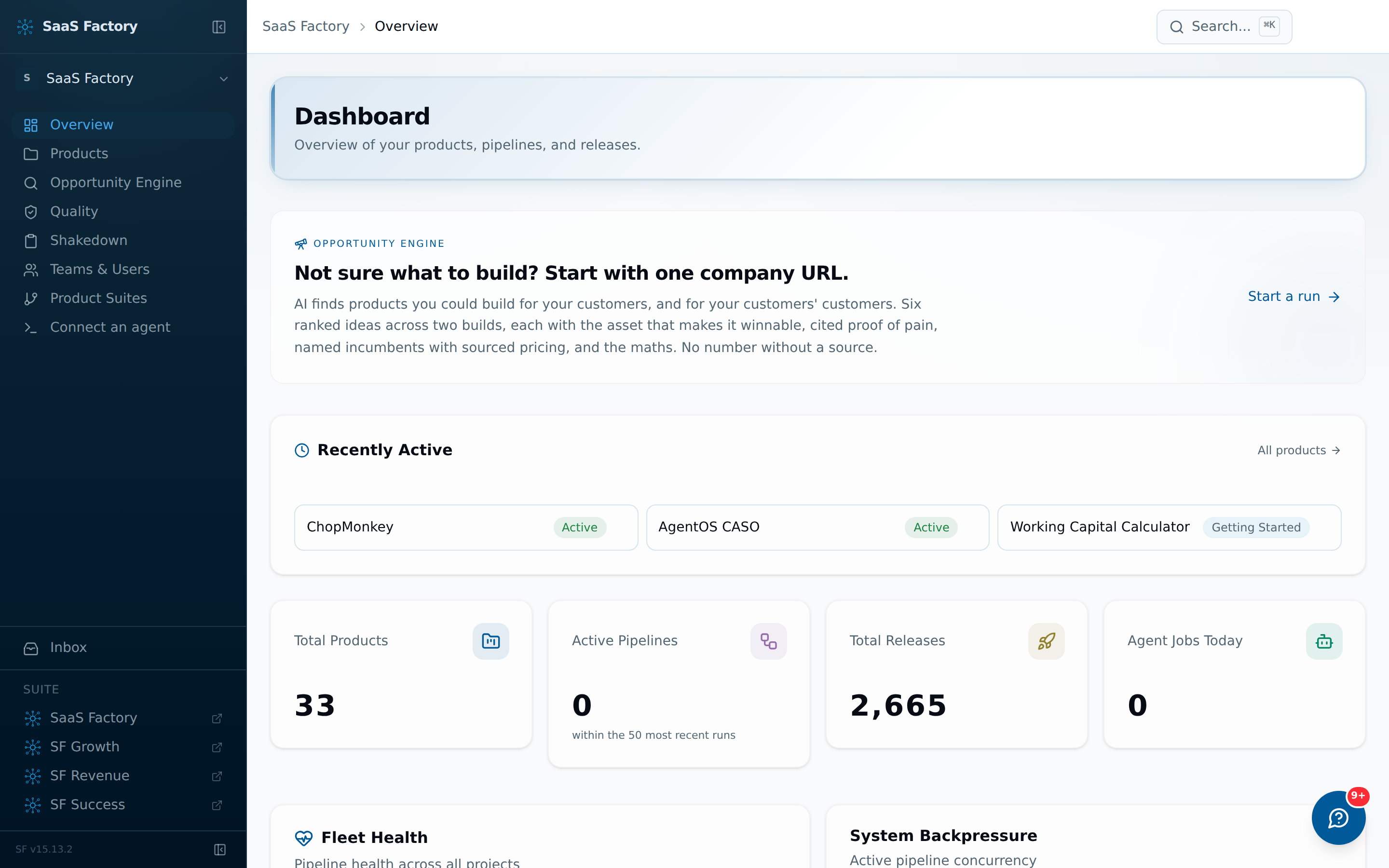 The fleet dashboard SaaS Factory is managed from — and SaaS Factory itself is one of the products on it