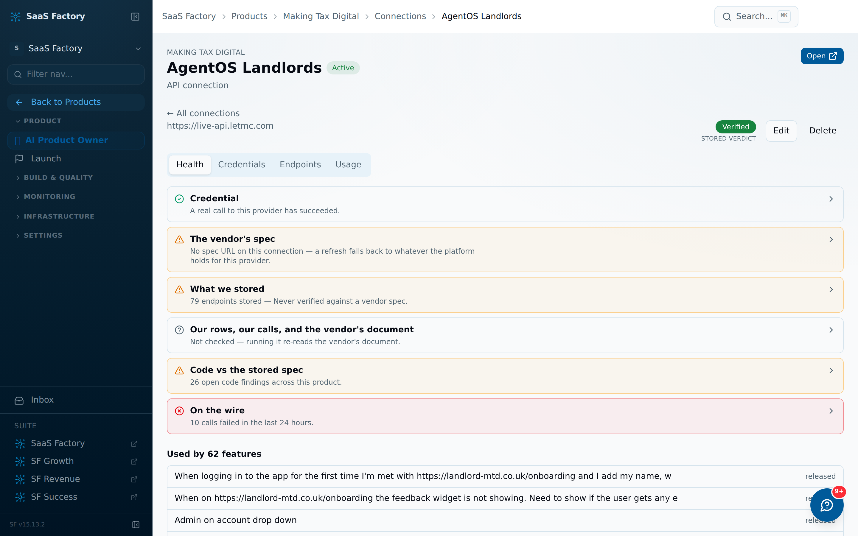One API connection audited six ways — the credential proven by a real call, the stored spec compared with the vendor's document, code checked against spec, wire failures surfaced. Four of six checks showing amber or red.