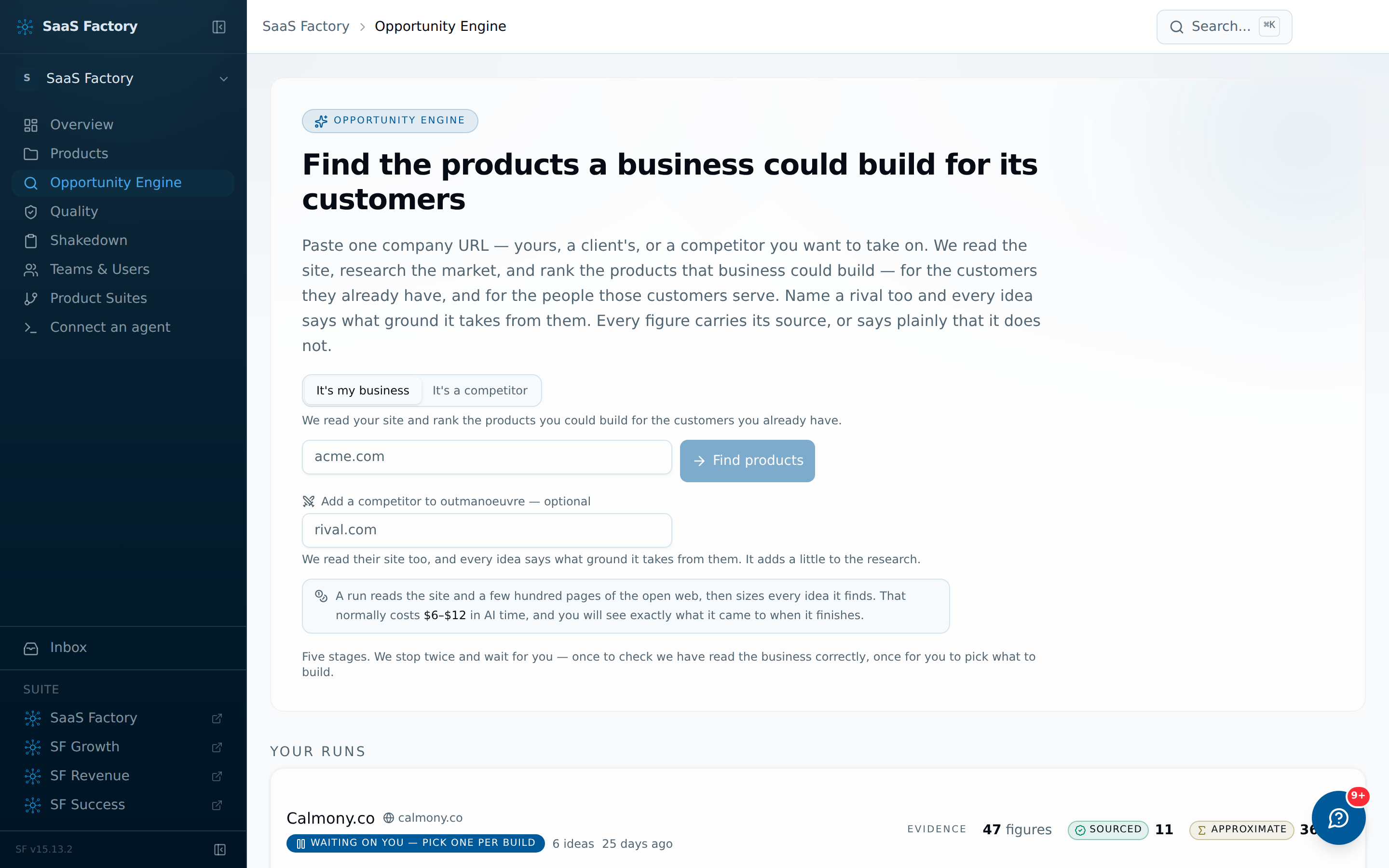 The Opportunity Engine — paste one company URL and it comes back with a market analysis and what to build