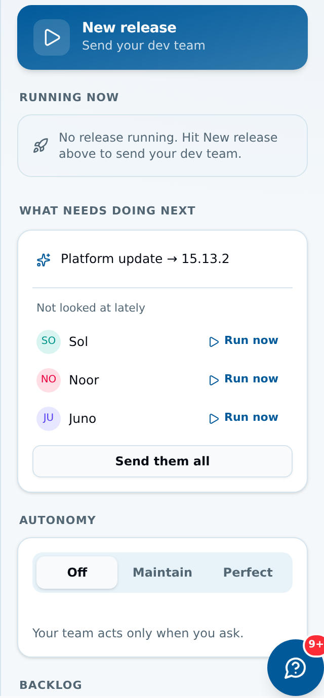 The Product Owner command rail — send your AI dev team with one instruction, pick named agents, or switch autonomy off entirely