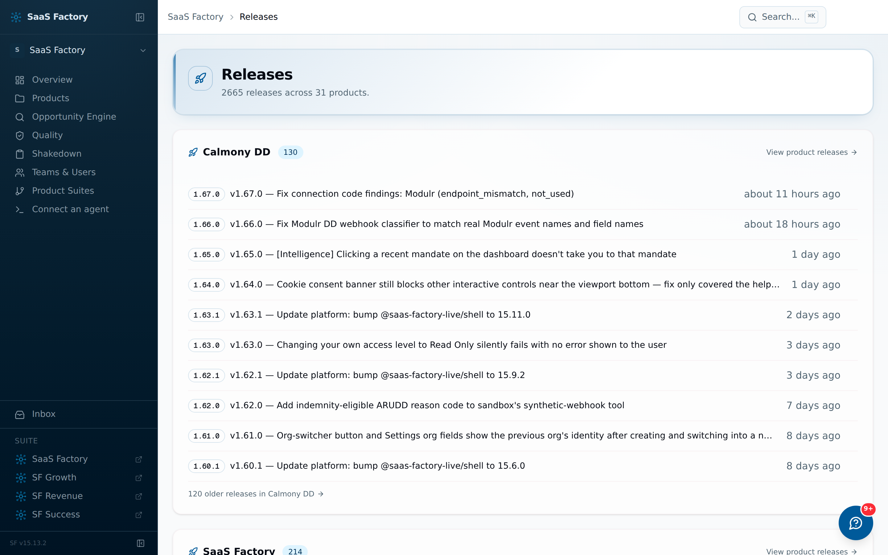 The release ledger — 2,665 releases across 31 products, with real version numbers