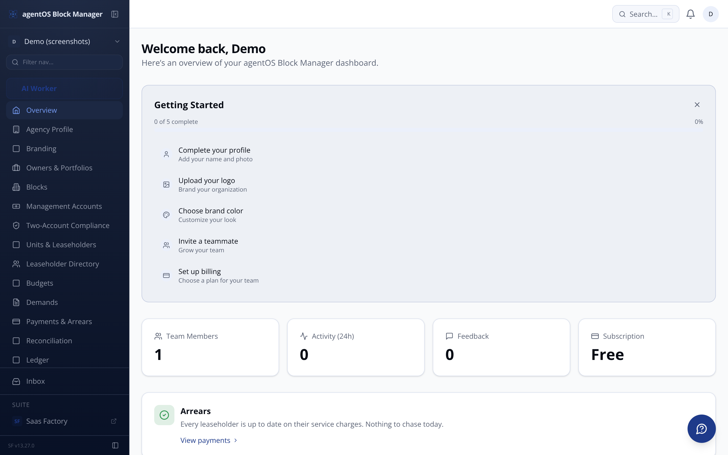 agentOS Block Manager main dashboard