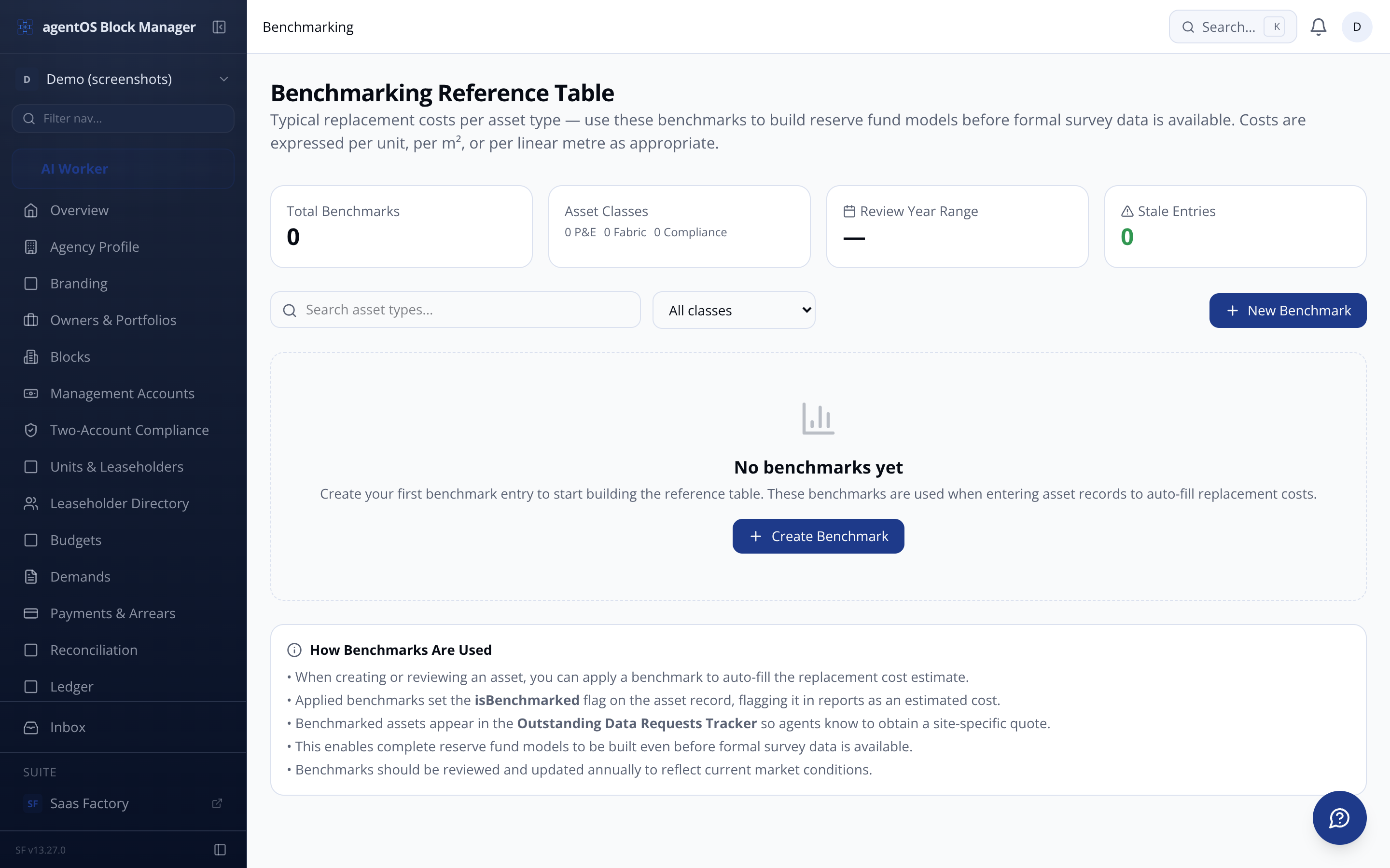Reserve fund benchmarking and cost estimation dashboard