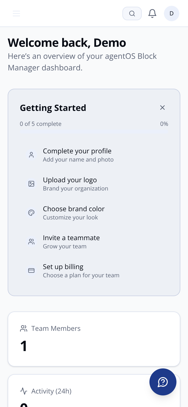 agentOS Block Manager dashboard on mobile