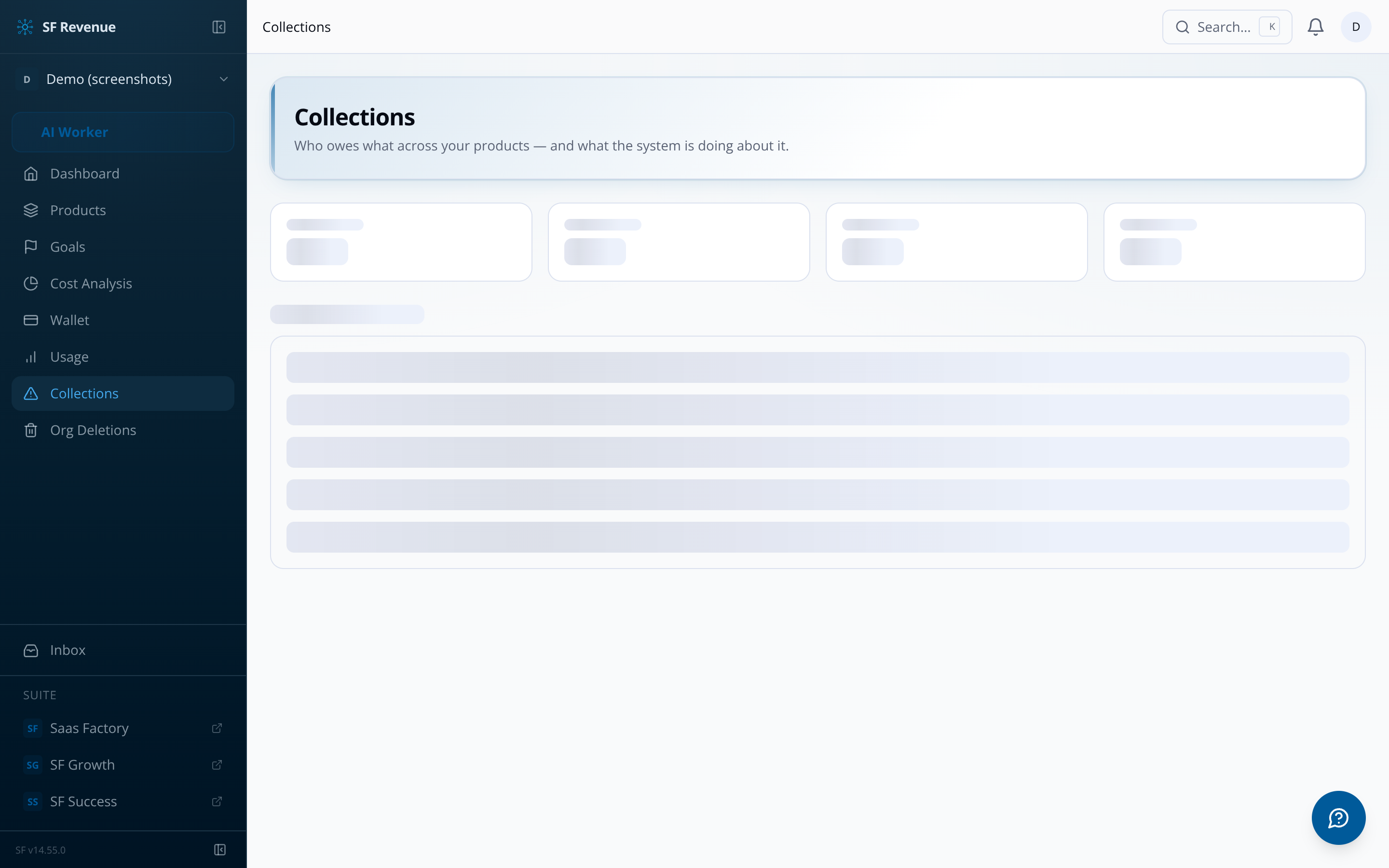 SF Revenue collections dashboard showing dunning ladder and payment chasing status