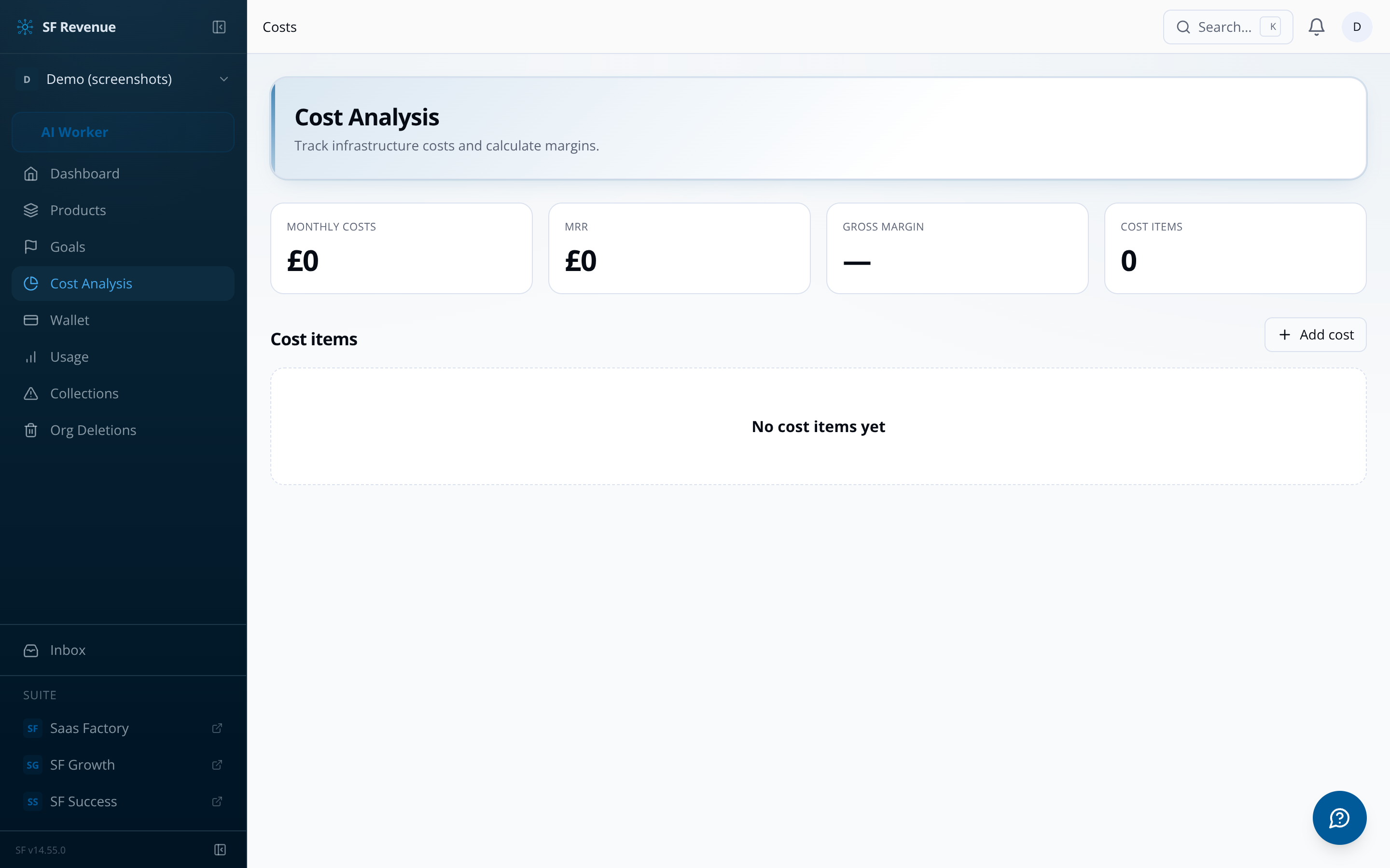 SF Revenue cost analysis dashboard showing budget tracking and spend breakdown