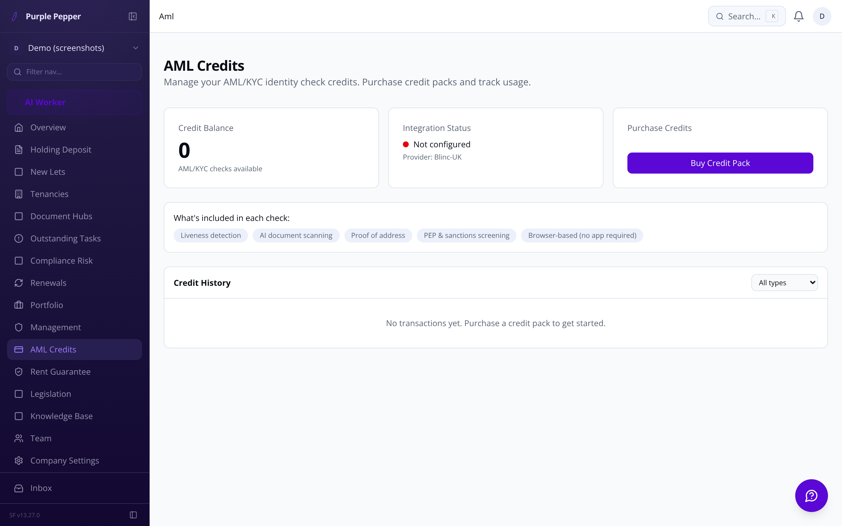 Purple Pepper AML identity checks dashboard