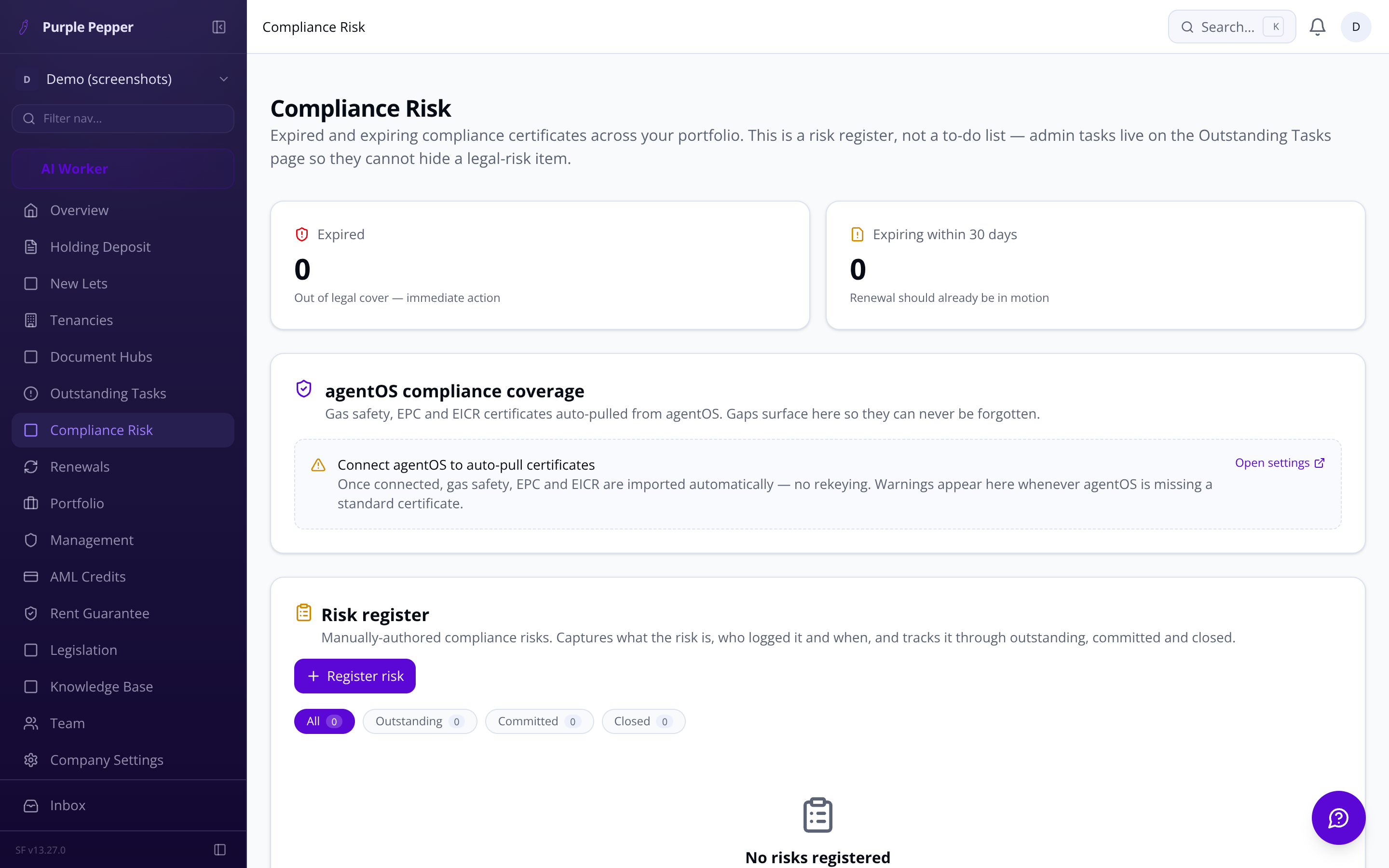 Purple Pepper compliance risk register showing certificate expiry tracking