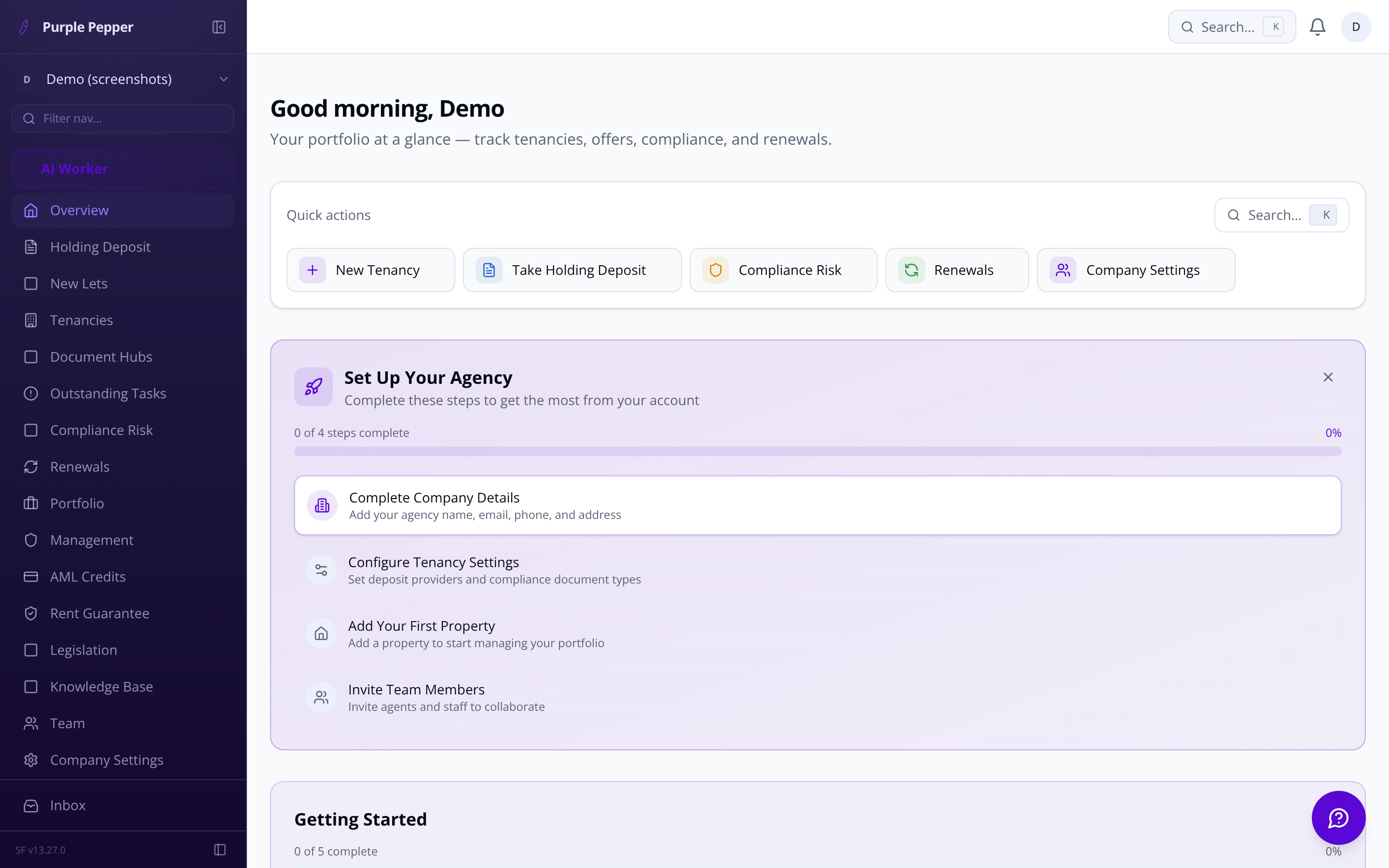 Purple Pepper agent dashboard showing live tenancy pipeline