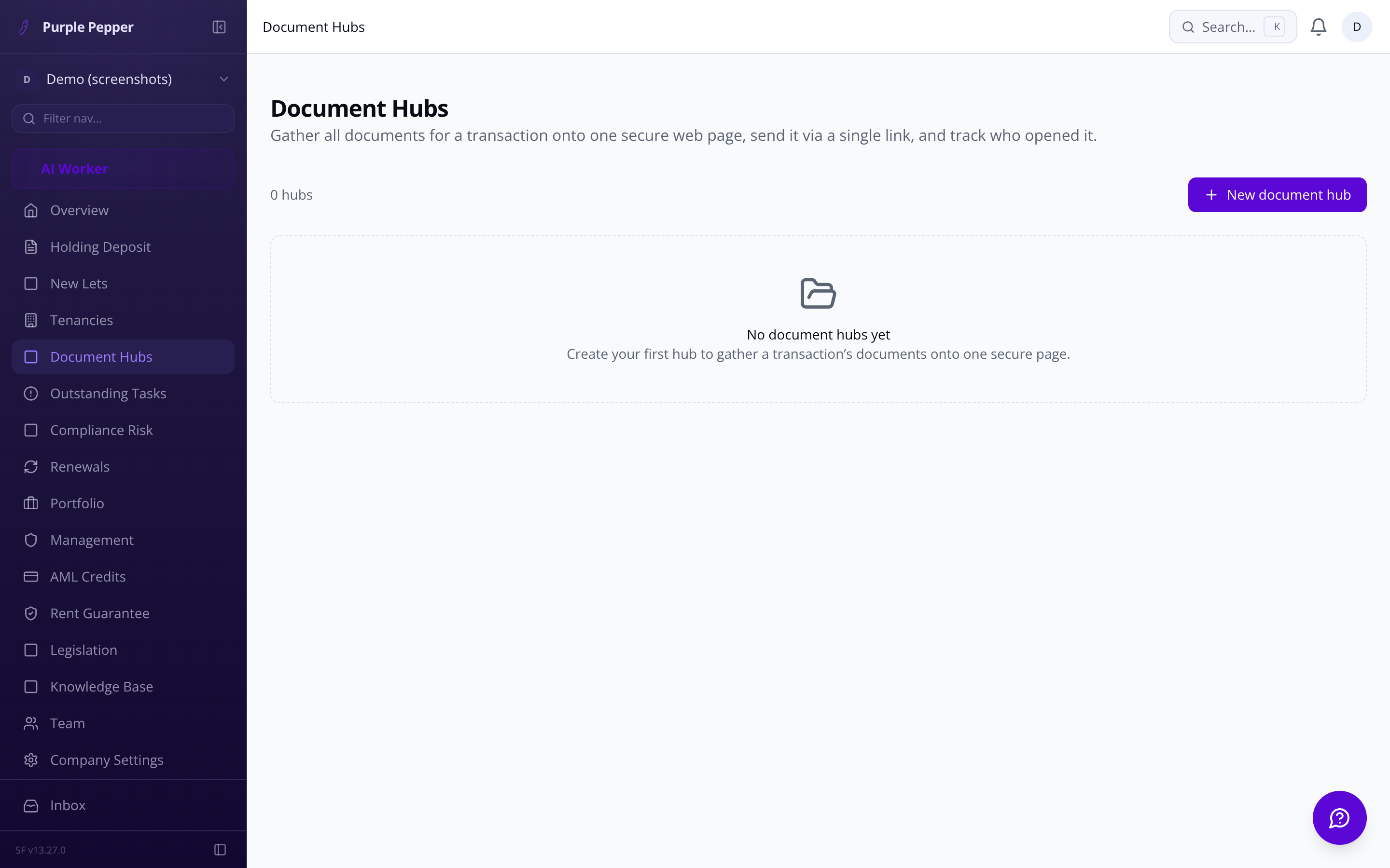 Purple Pepper document hub showing tenancy agreements and compliance documents