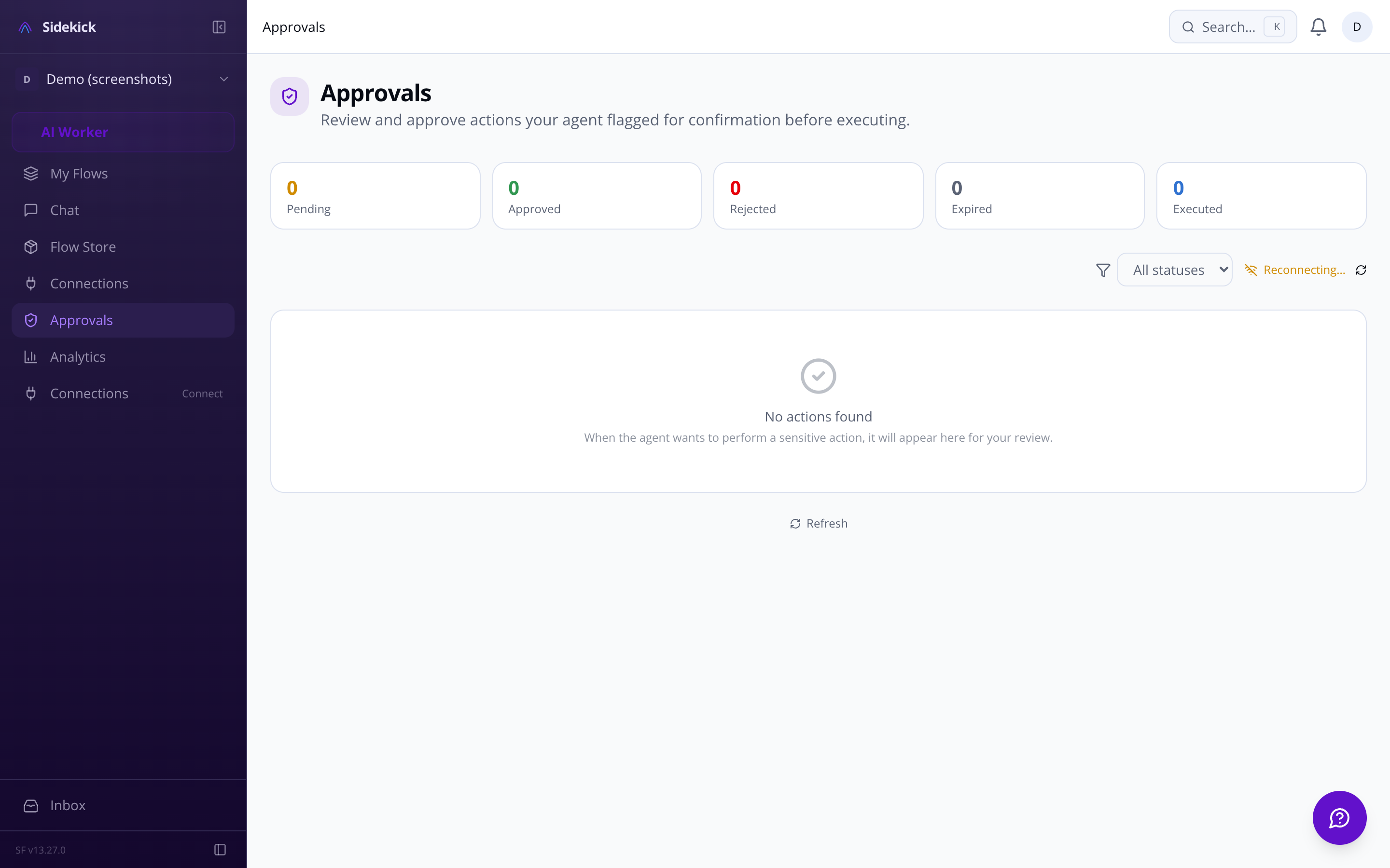 Sidekick approvals queue — pending agent actions awaiting human approval