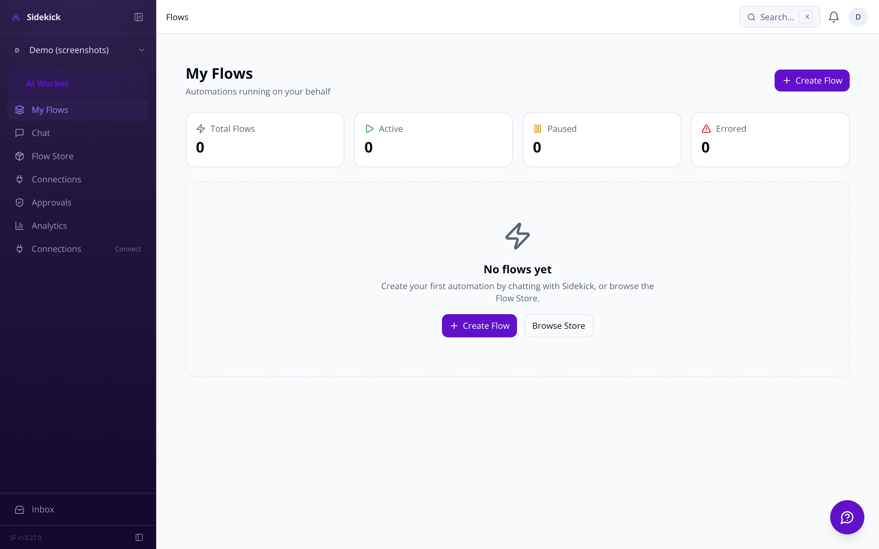 Sidekick agent dashboard — real-time activity feed and connections