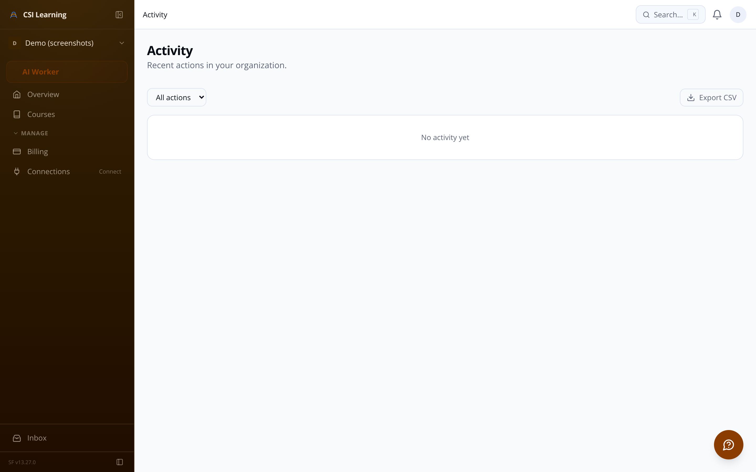 Admin activity log showing recent platform events