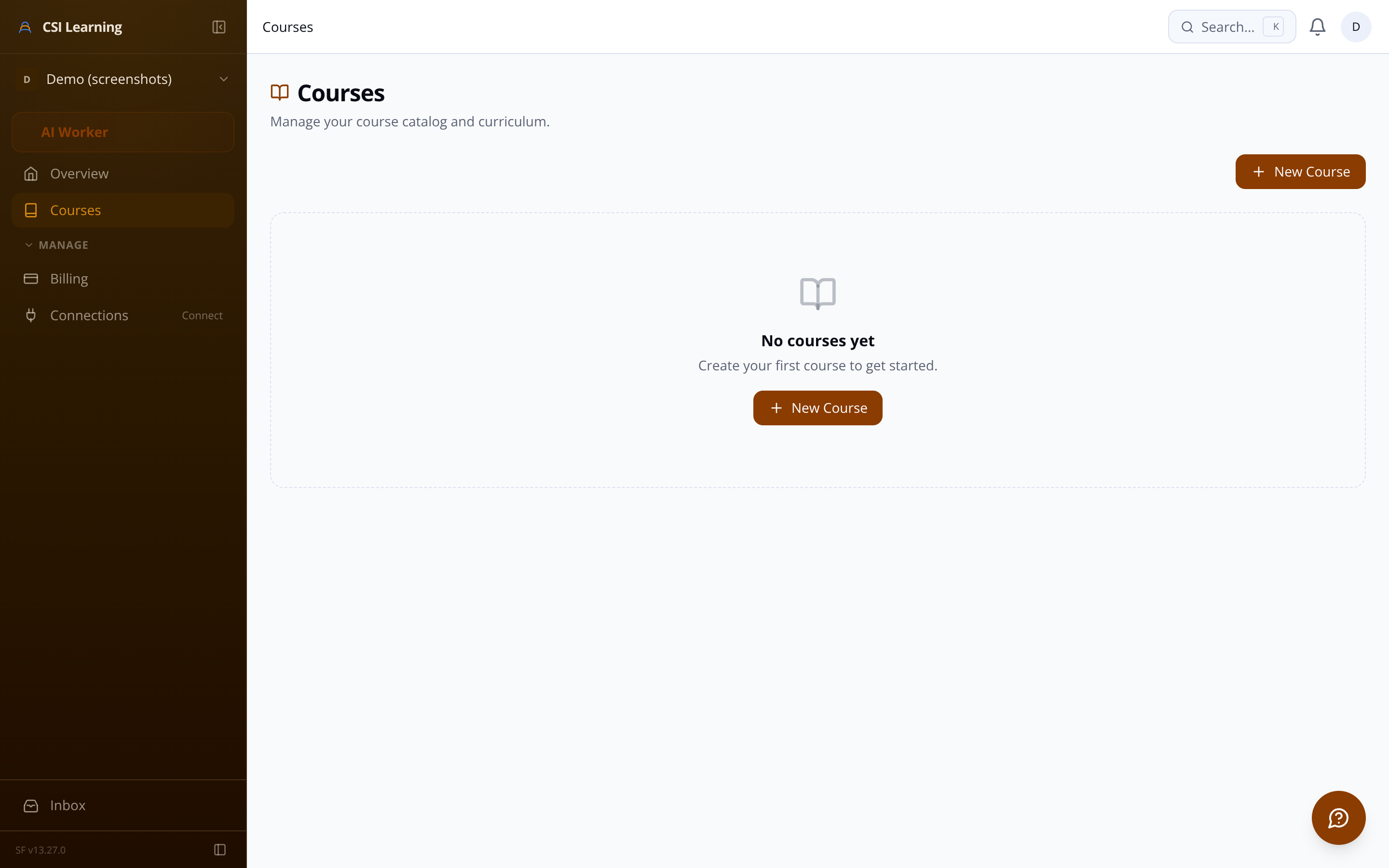 Learner course catalog showing enrolled courses and progress bars