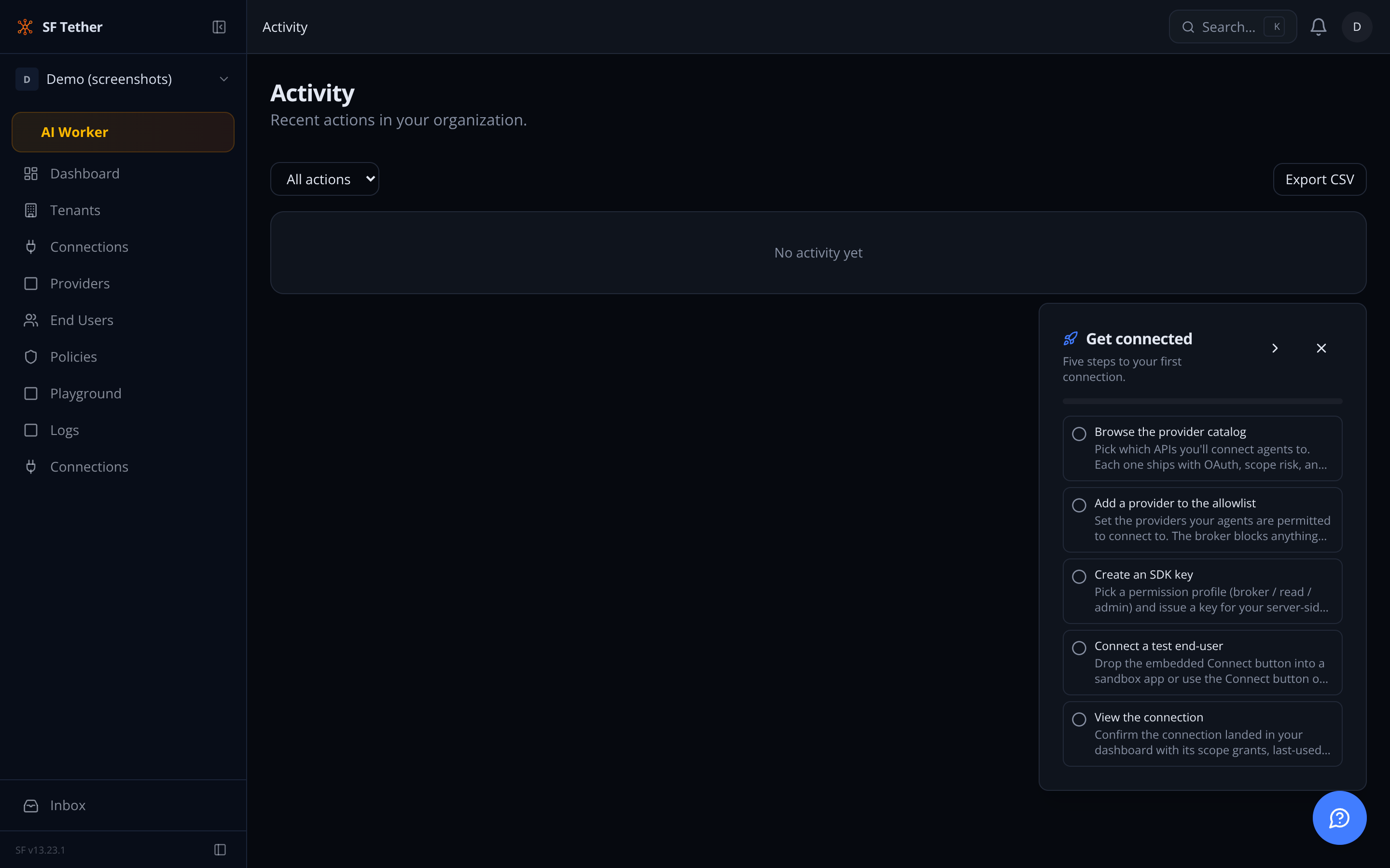 Activity and audit log explorer showing unified timeline of connection events and broker issuances with filters