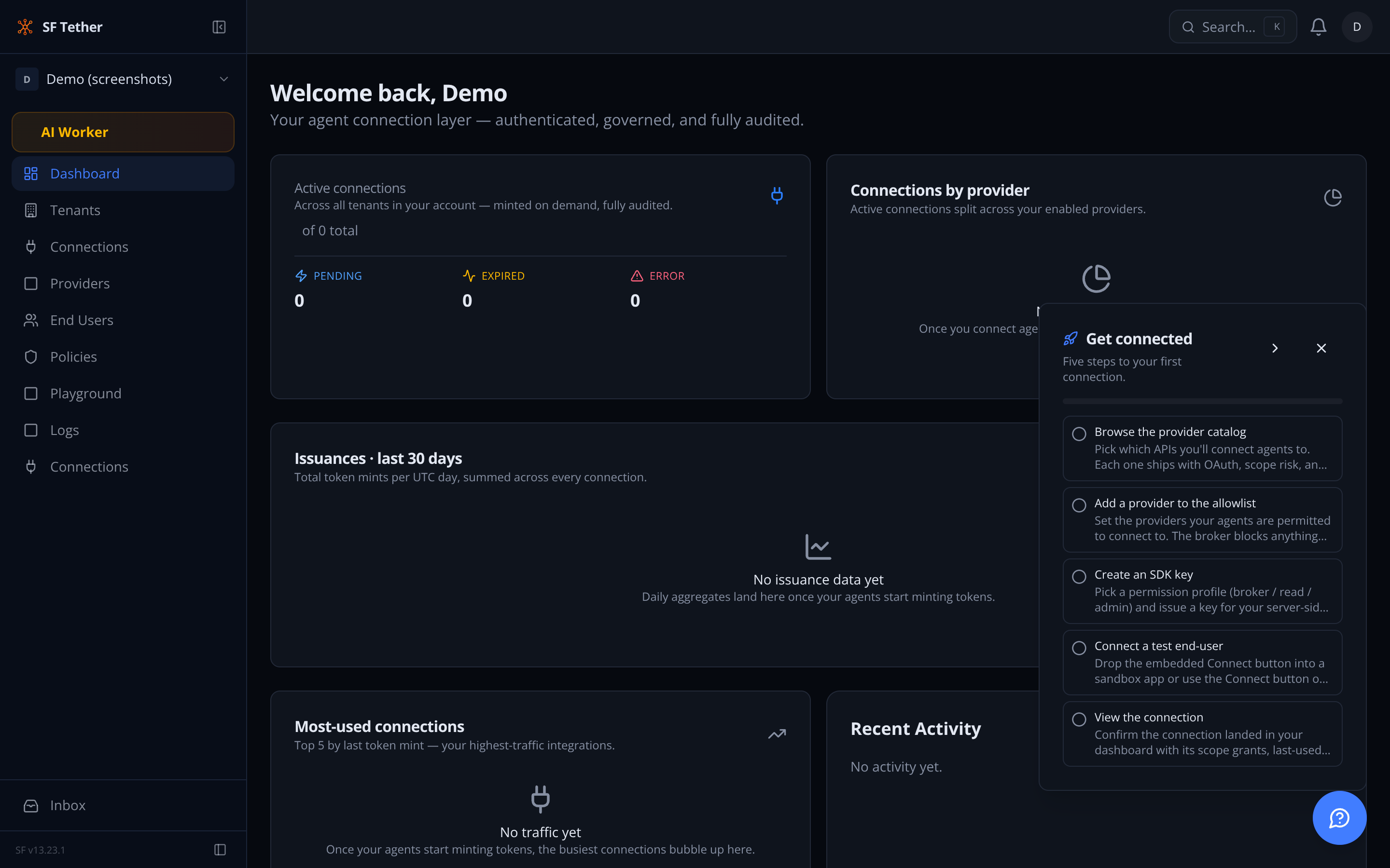 SF Tether dashboard — connection health overview with active connections, usage charts, and provider status