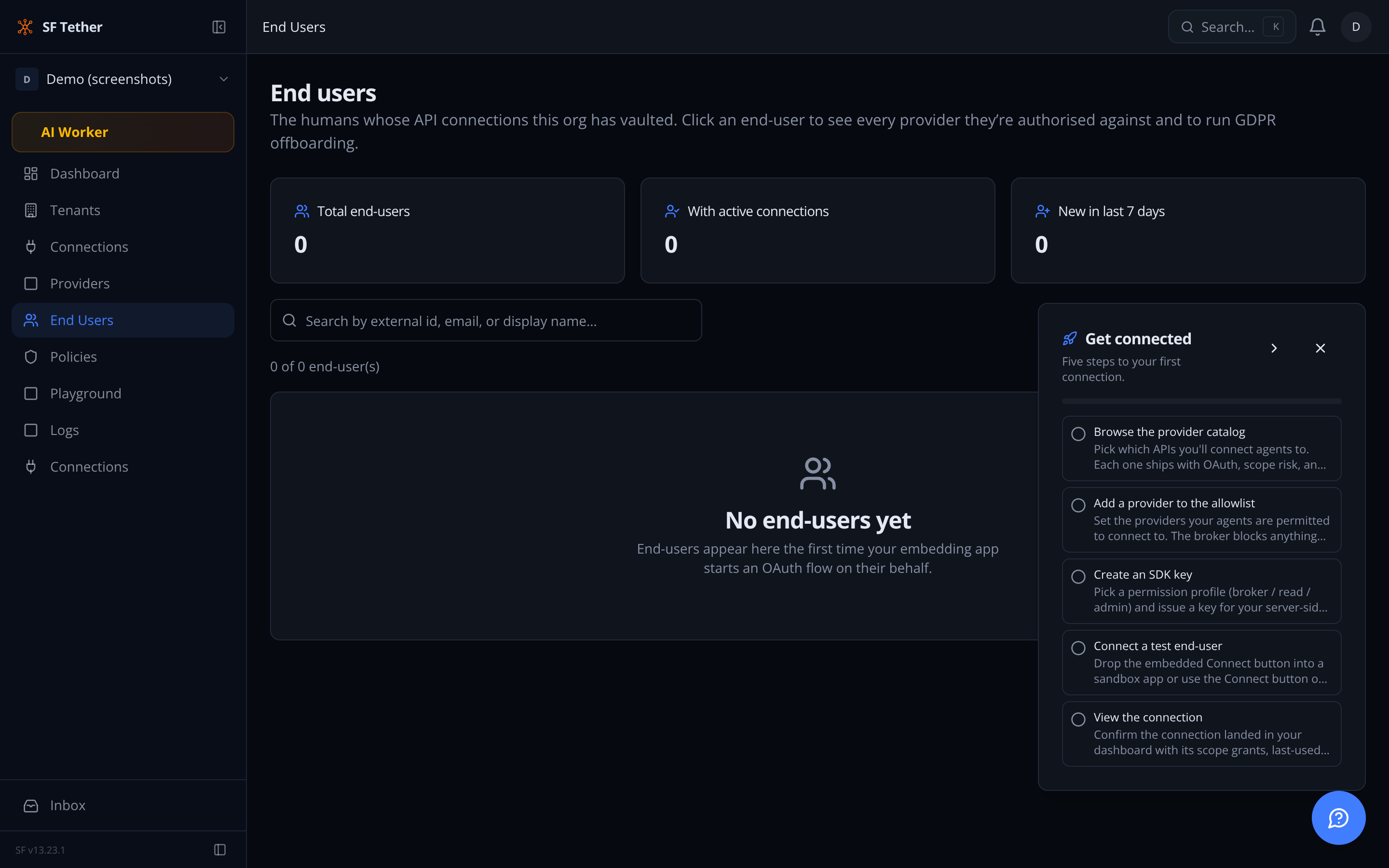 End-users directory showing per-user connection counts, last activity timestamps, and cross-provider access summary