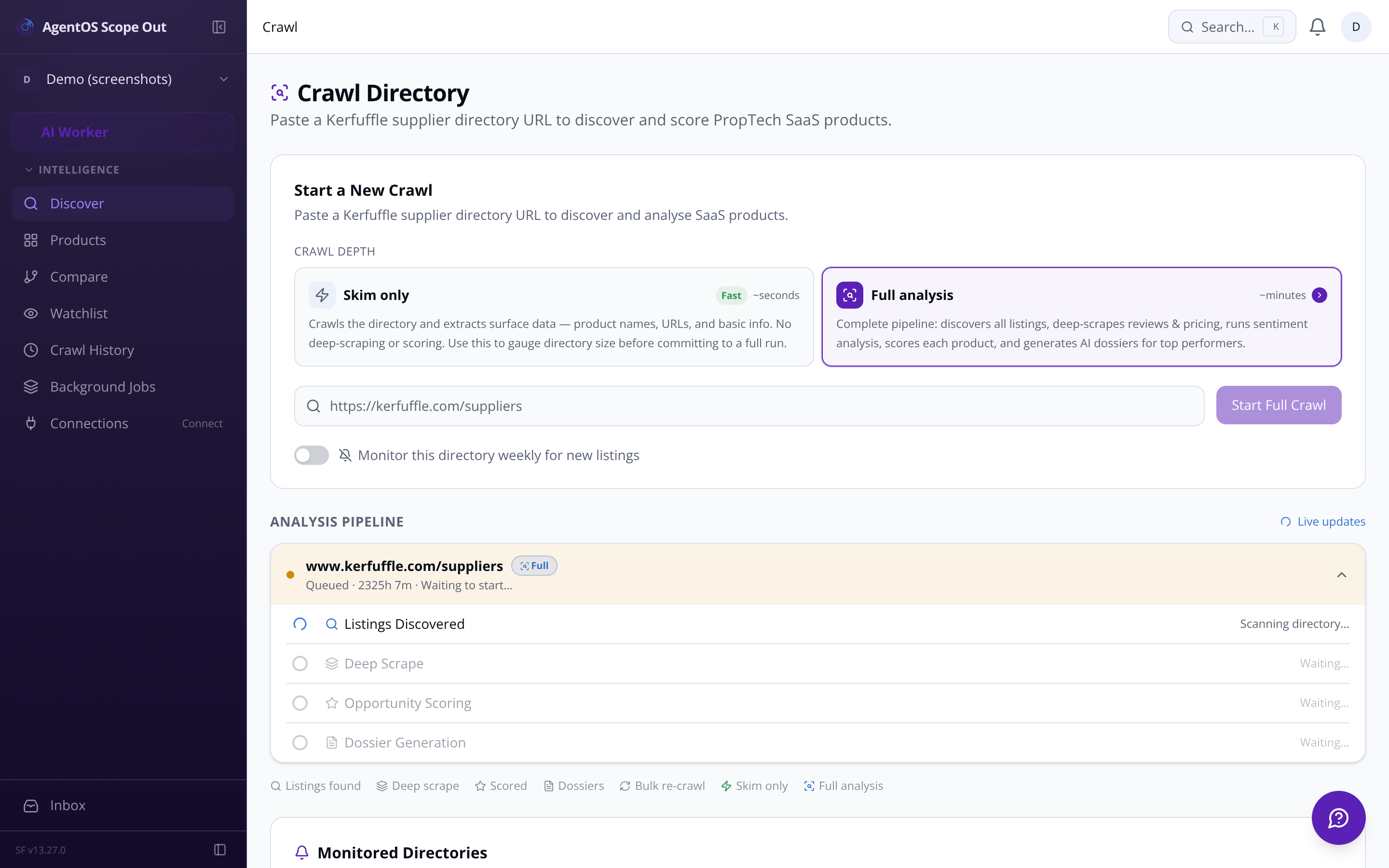 Crawl trigger UI — paste a directory URL and start crawl