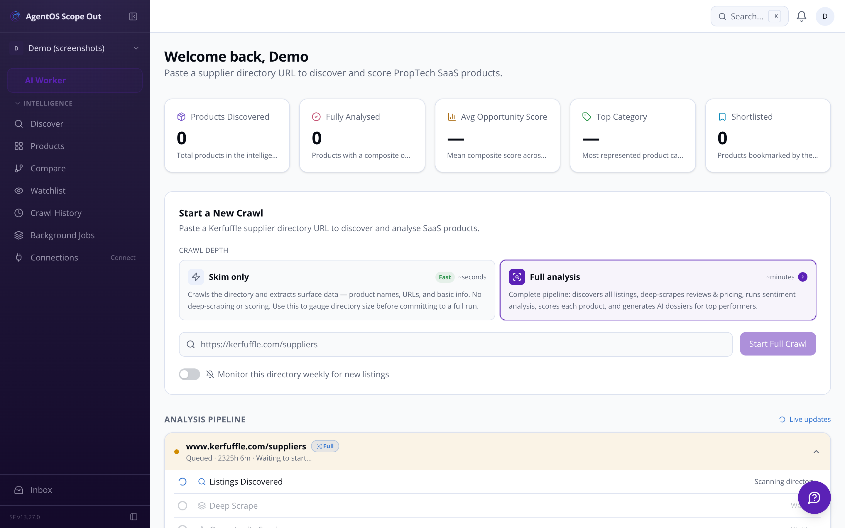 AgentOS Scope Out ranked products dashboard — dark mode desktop