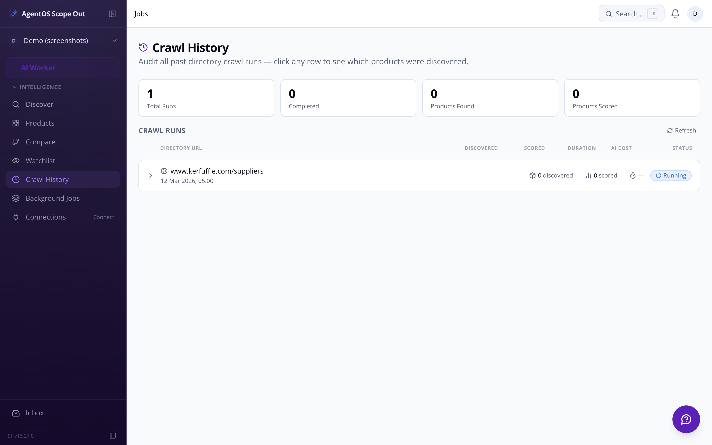 Jobs dashboard showing background task status and history