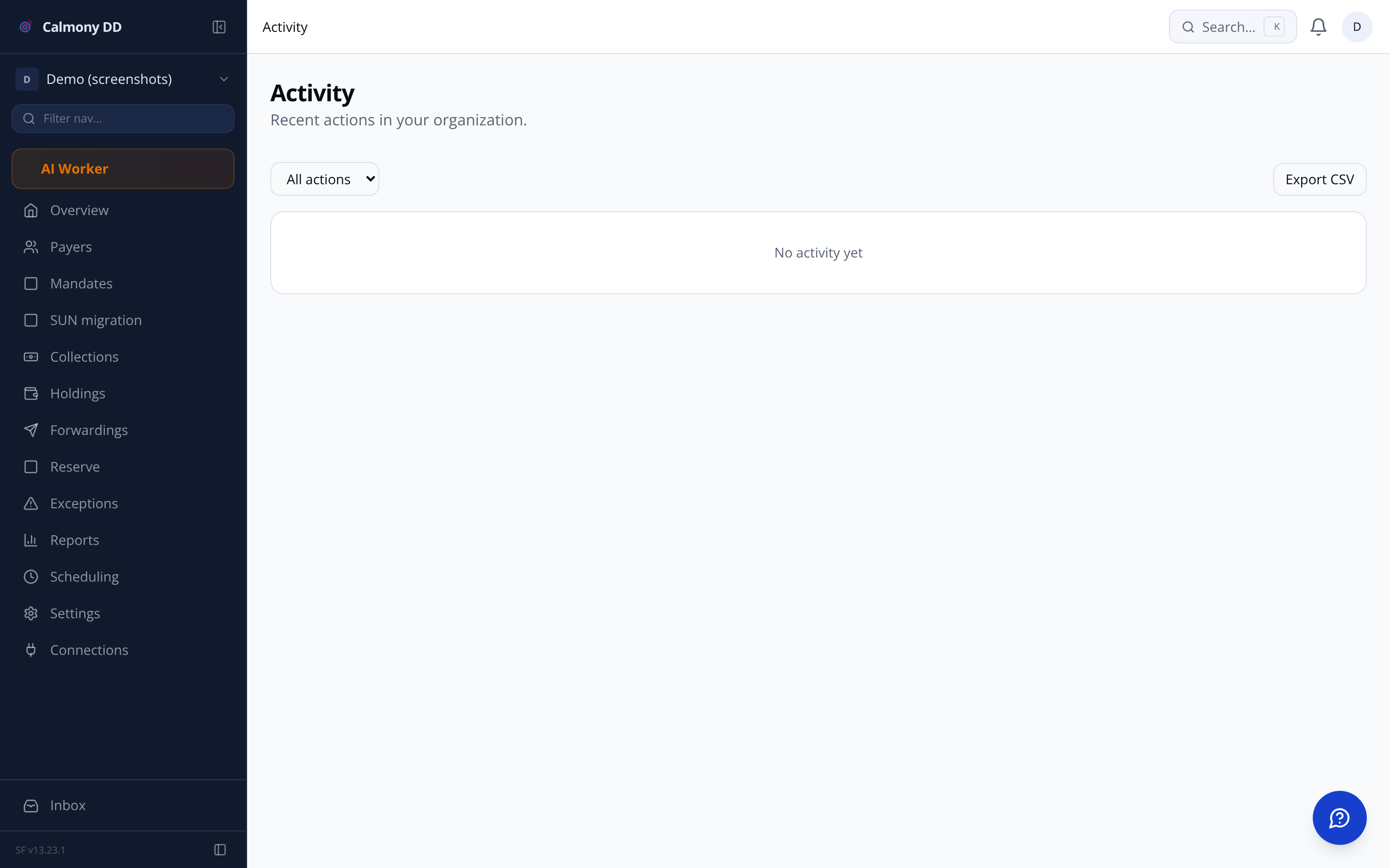 Activity feed showing collection events, mandate transitions and forwarding completions