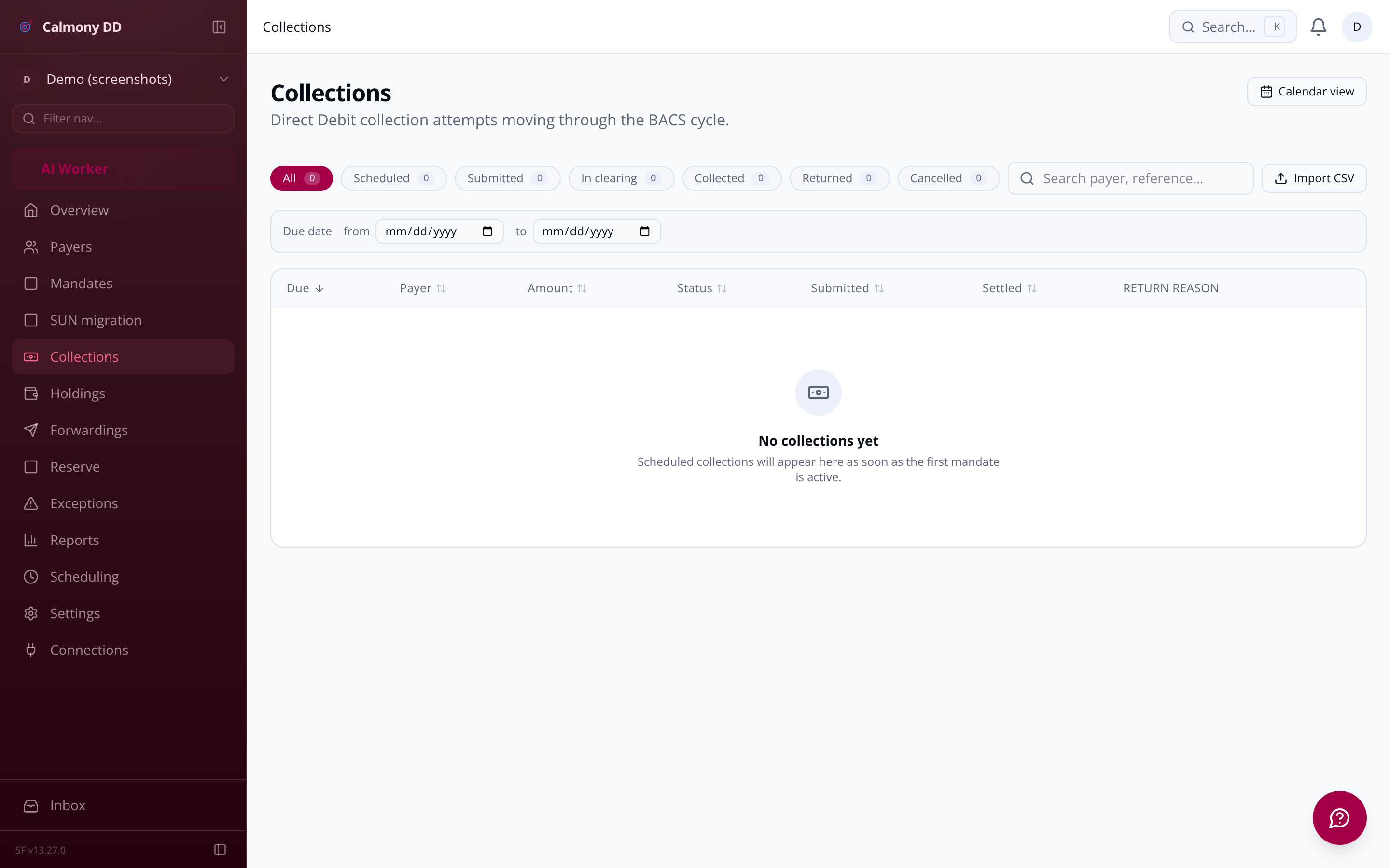Collections dashboard showing BACS lifecycle status, due dates and settlement timeline