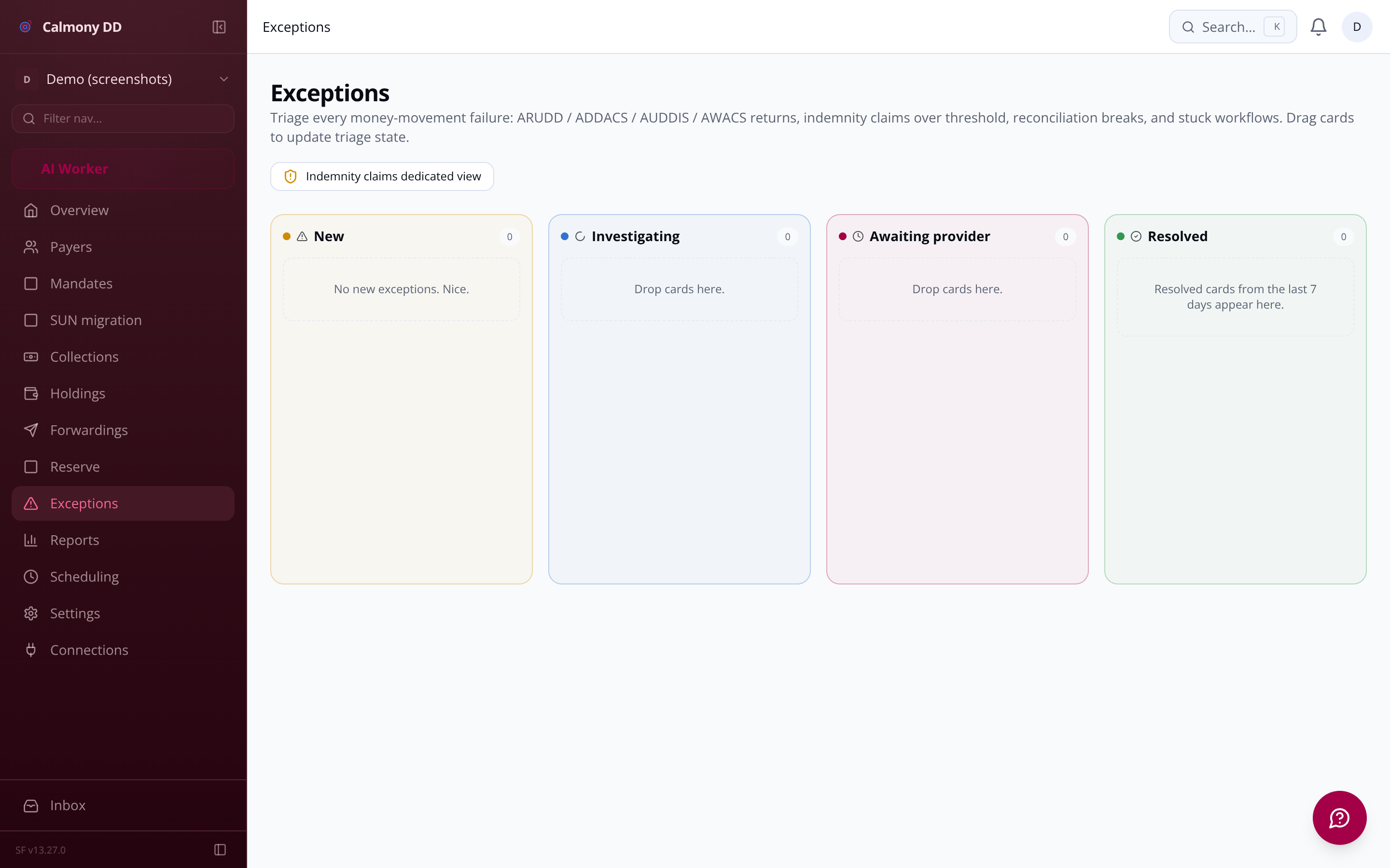 Exceptions queue showing kanban triage board with mandate rejections and reconciliation mismatches