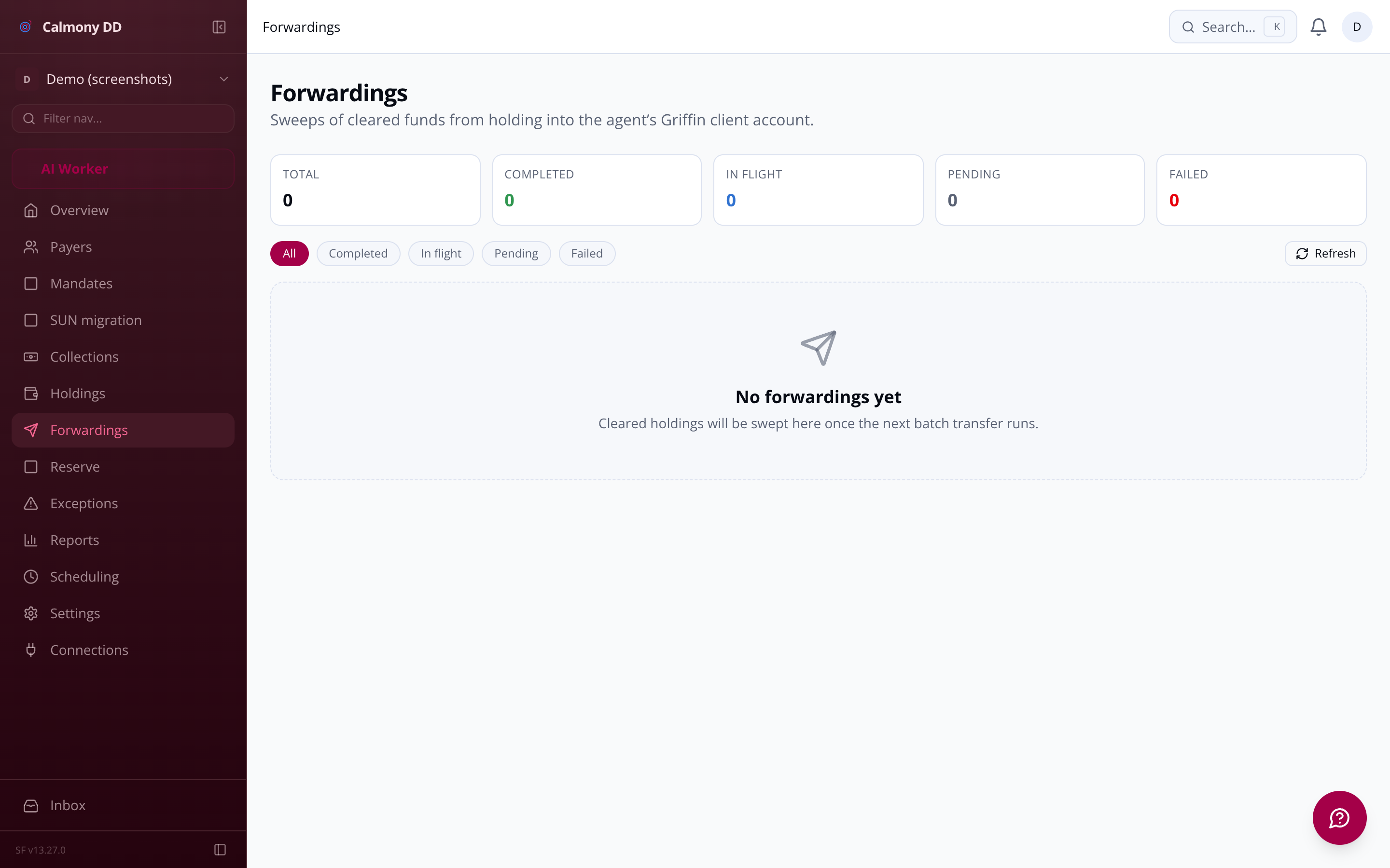 Forwardings history table showing transfer amounts, included collections and PDF statement links