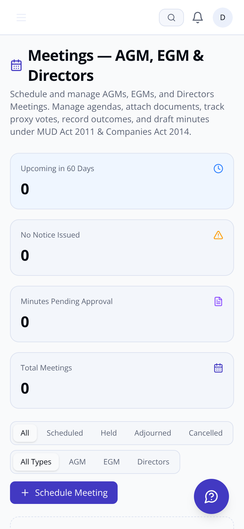 AGM management screen showing meeting schedule, agenda, and minutes recording
