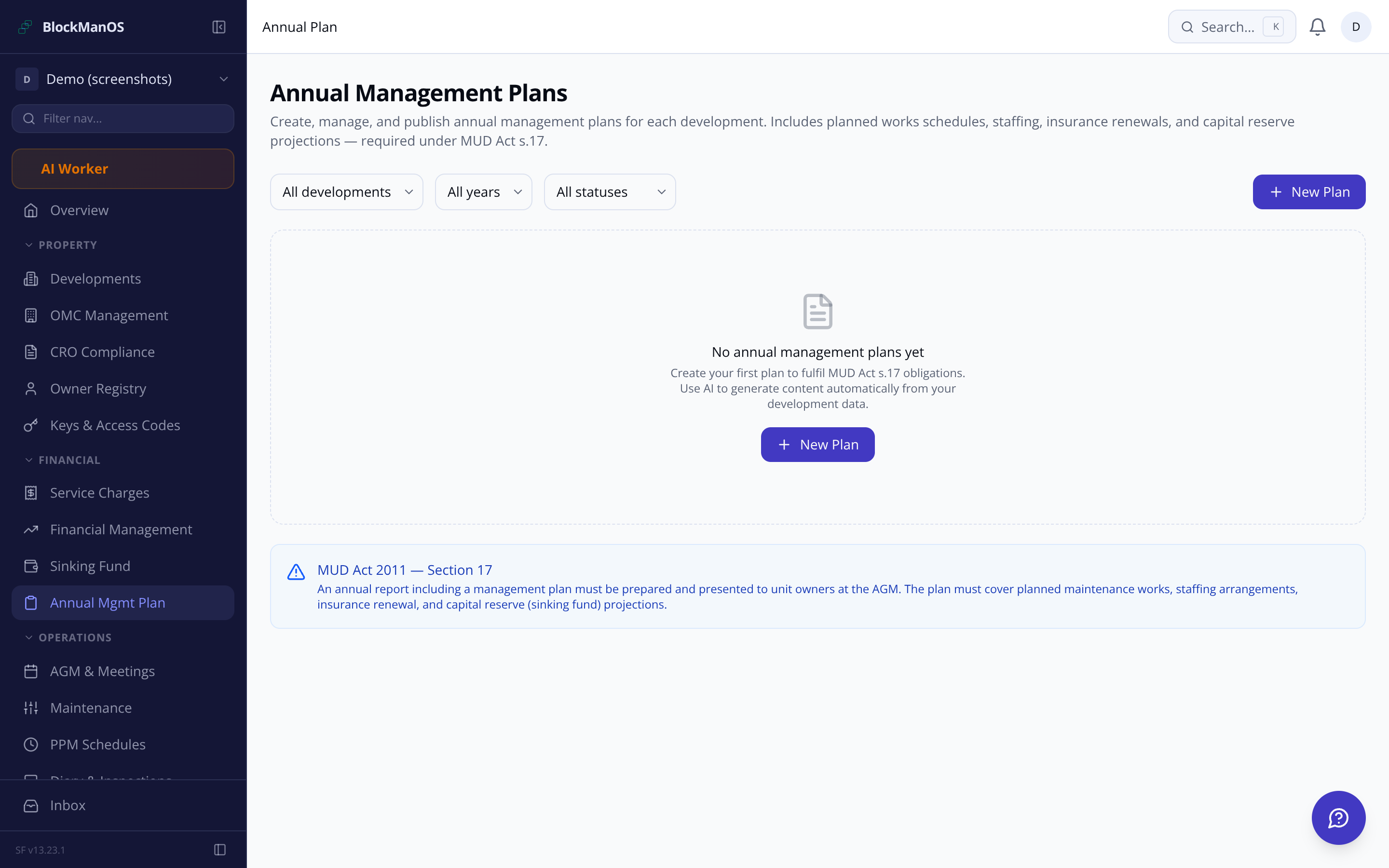 Annual management plan and budget module in BlockManOS