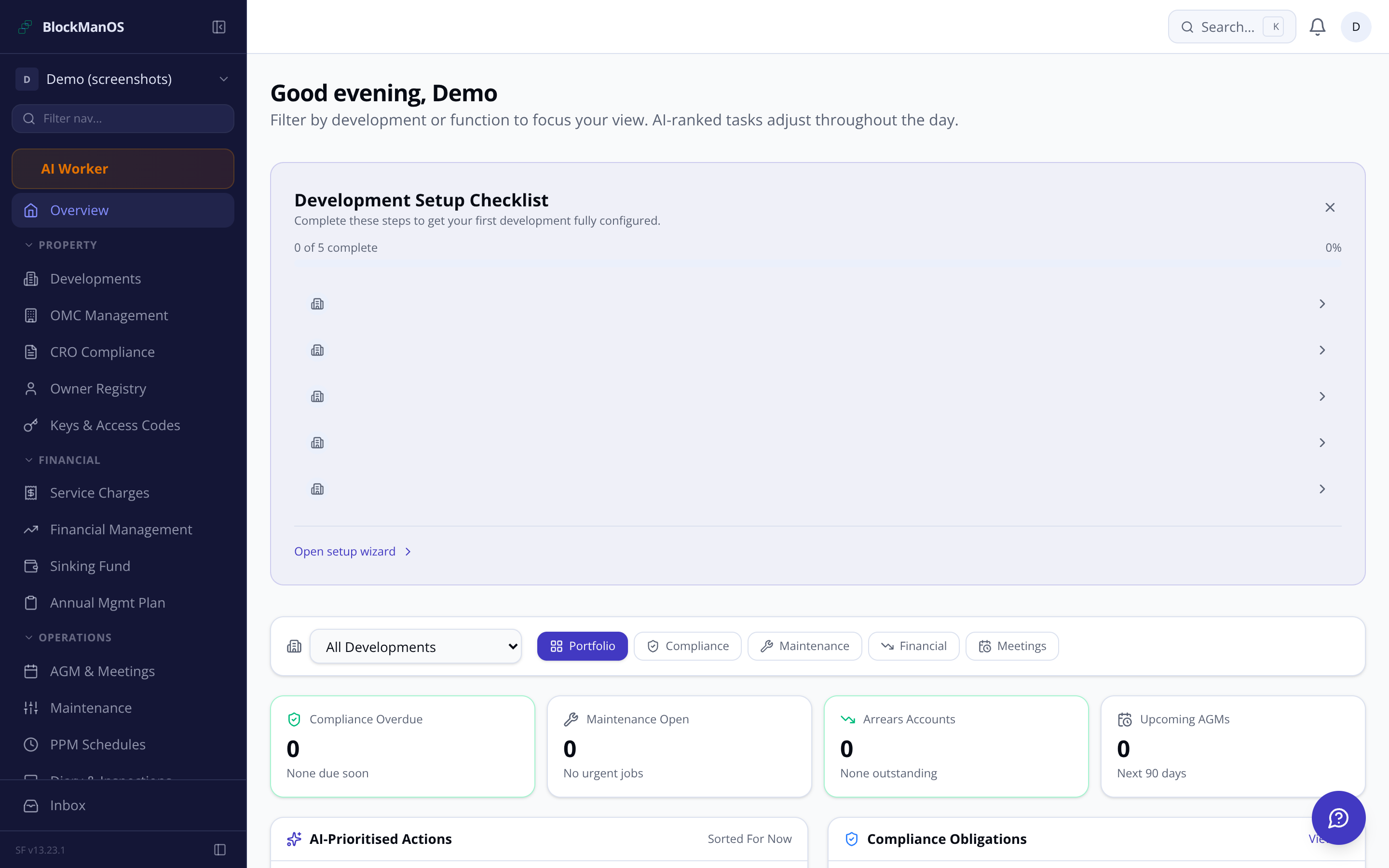 BlockManOS dashboard showing portfolio overview for Irish block management