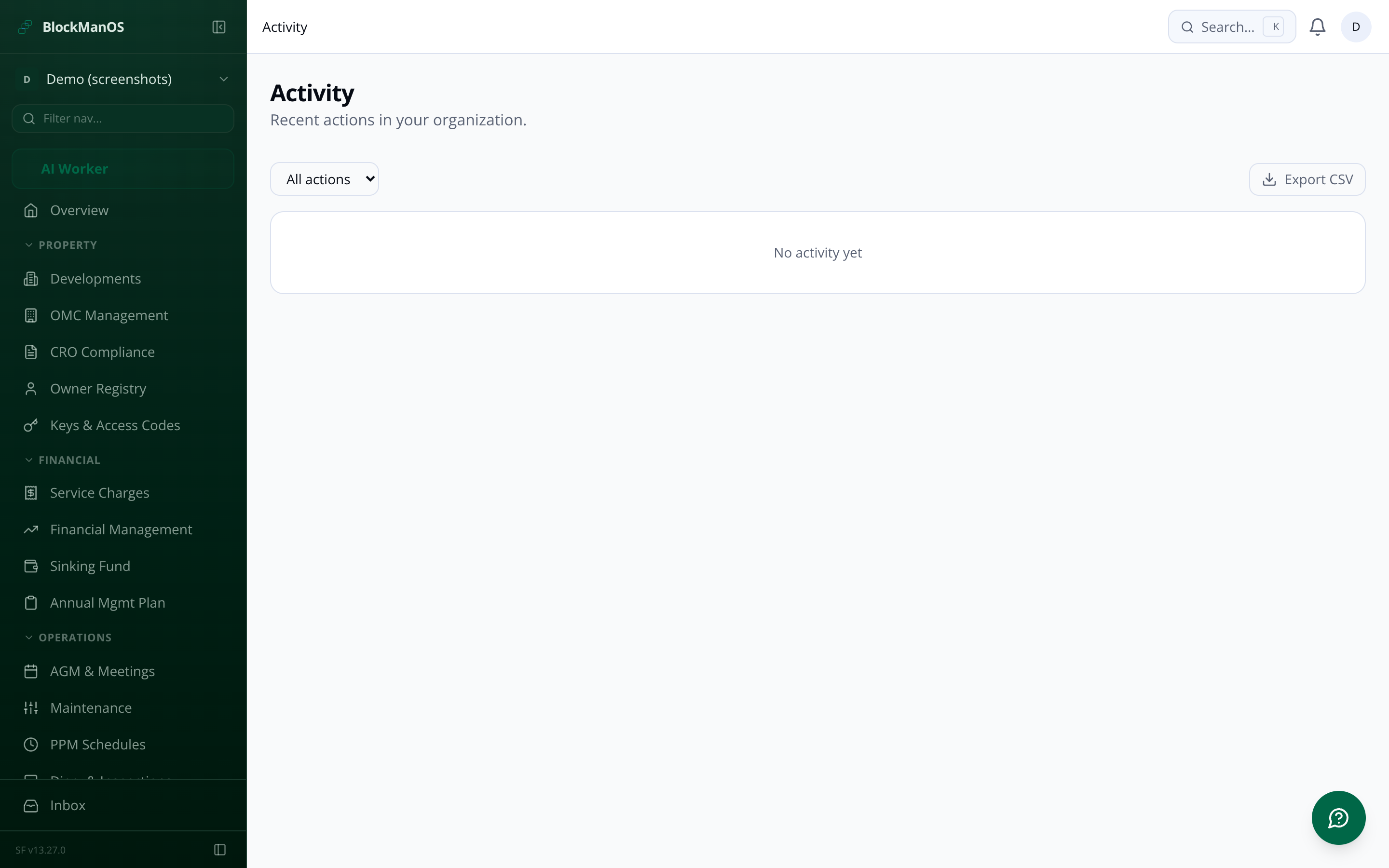 Activity feed in BlockManOS showing development-wide communications and events