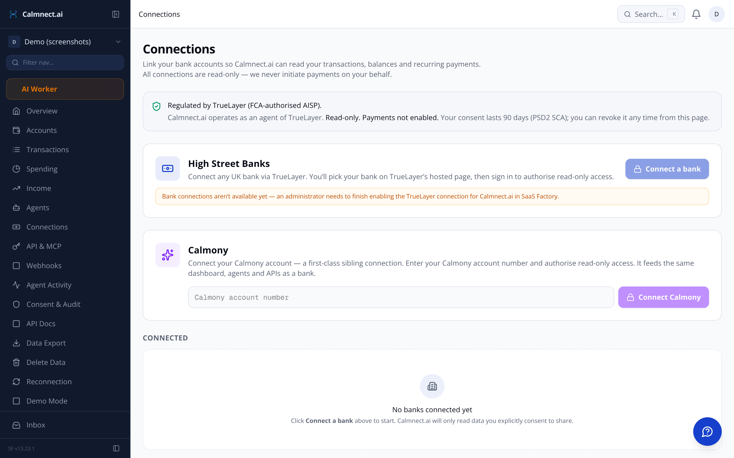 Calmnect.ai connections management page showing bank and Calmony connections