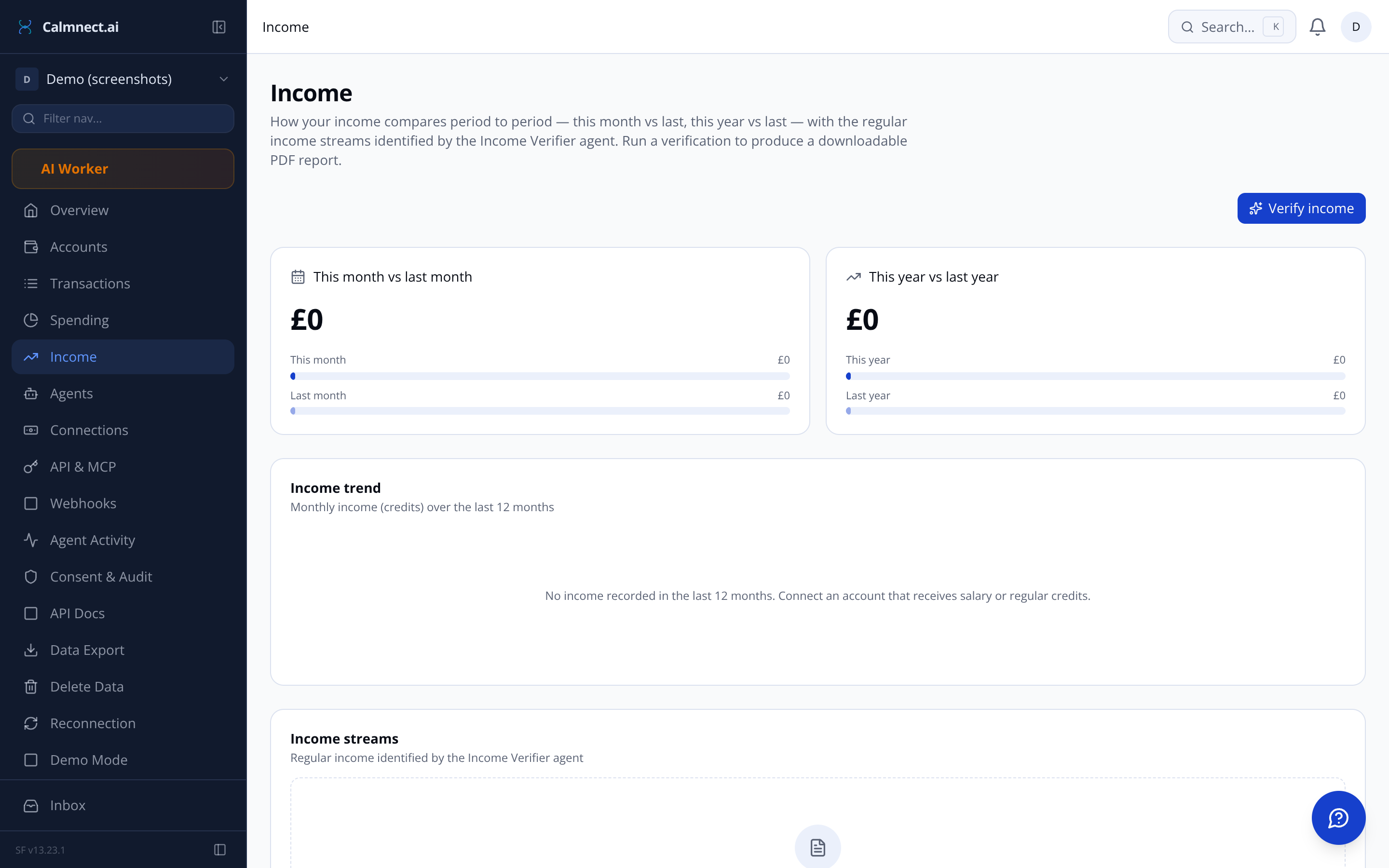 Calmnect.ai income dashboard showing period-to-period comparison charts and identified salary streams