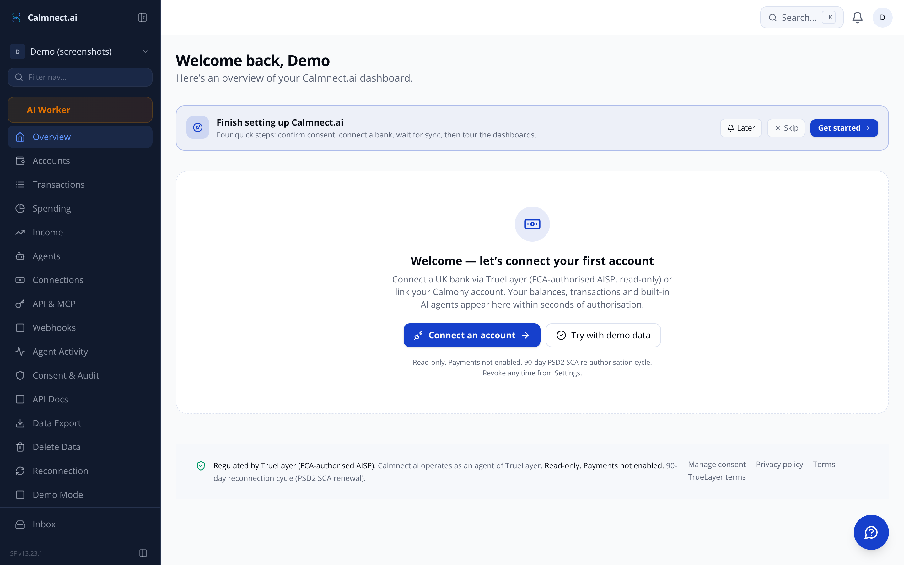 Calmnect.ai customer dashboard showing combined account balances and spending overview