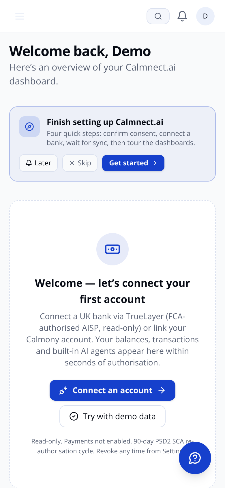 Calmnect dashboard on mobile showing account overview