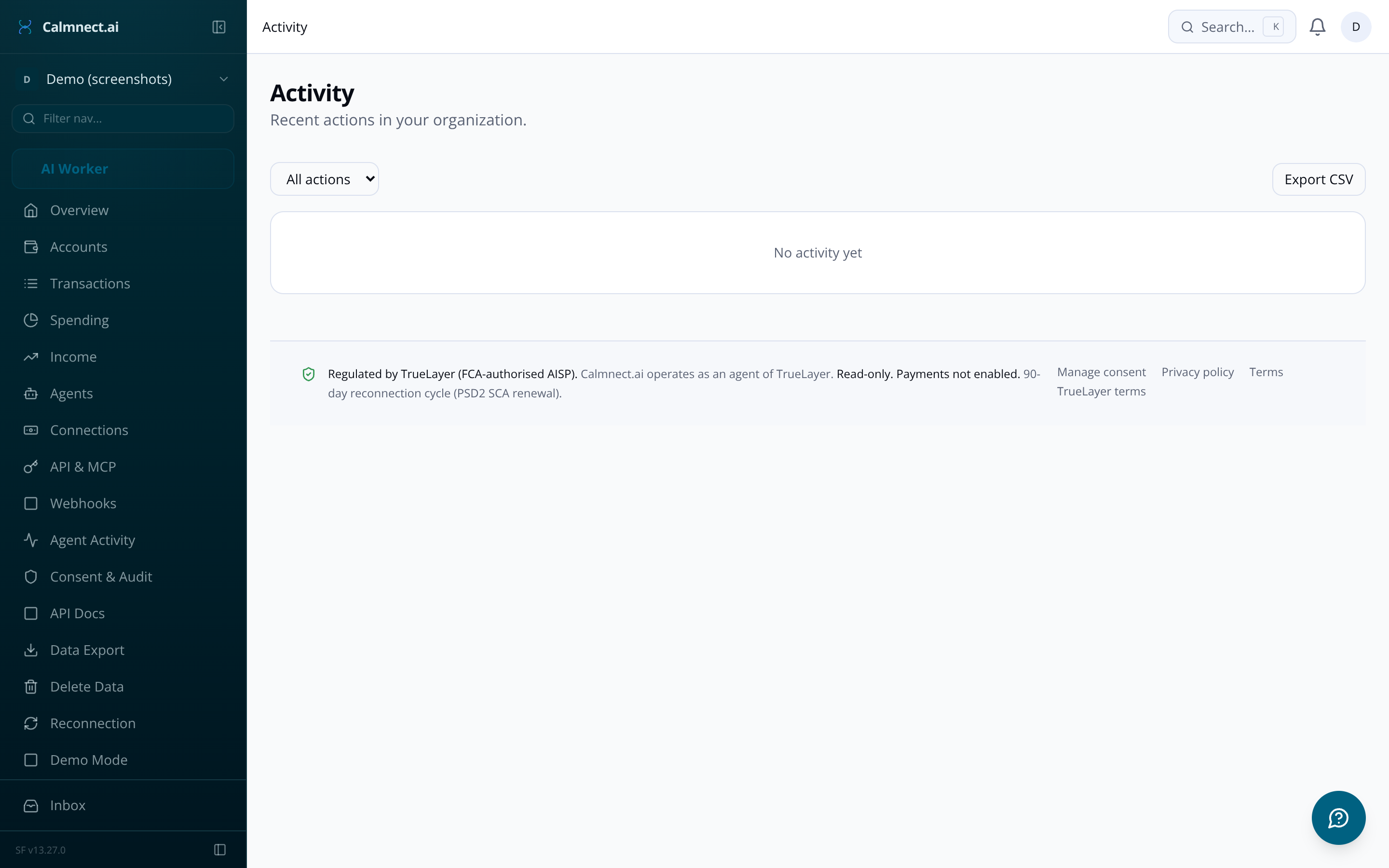 Calmnect.ai activity and audit log page showing data access history
