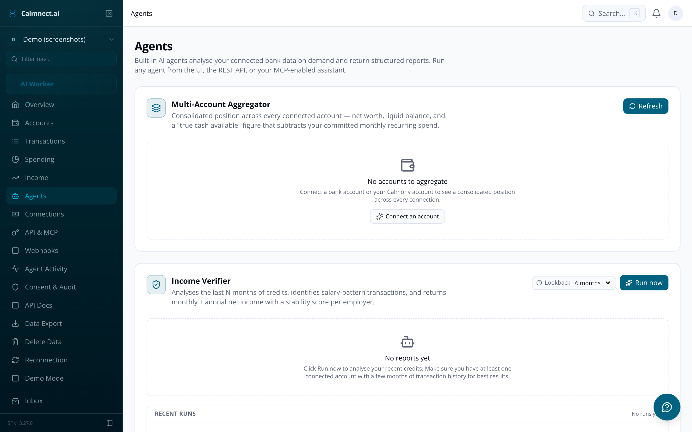 Calmnect.ai agents page showing the five built-in AI agents with run history