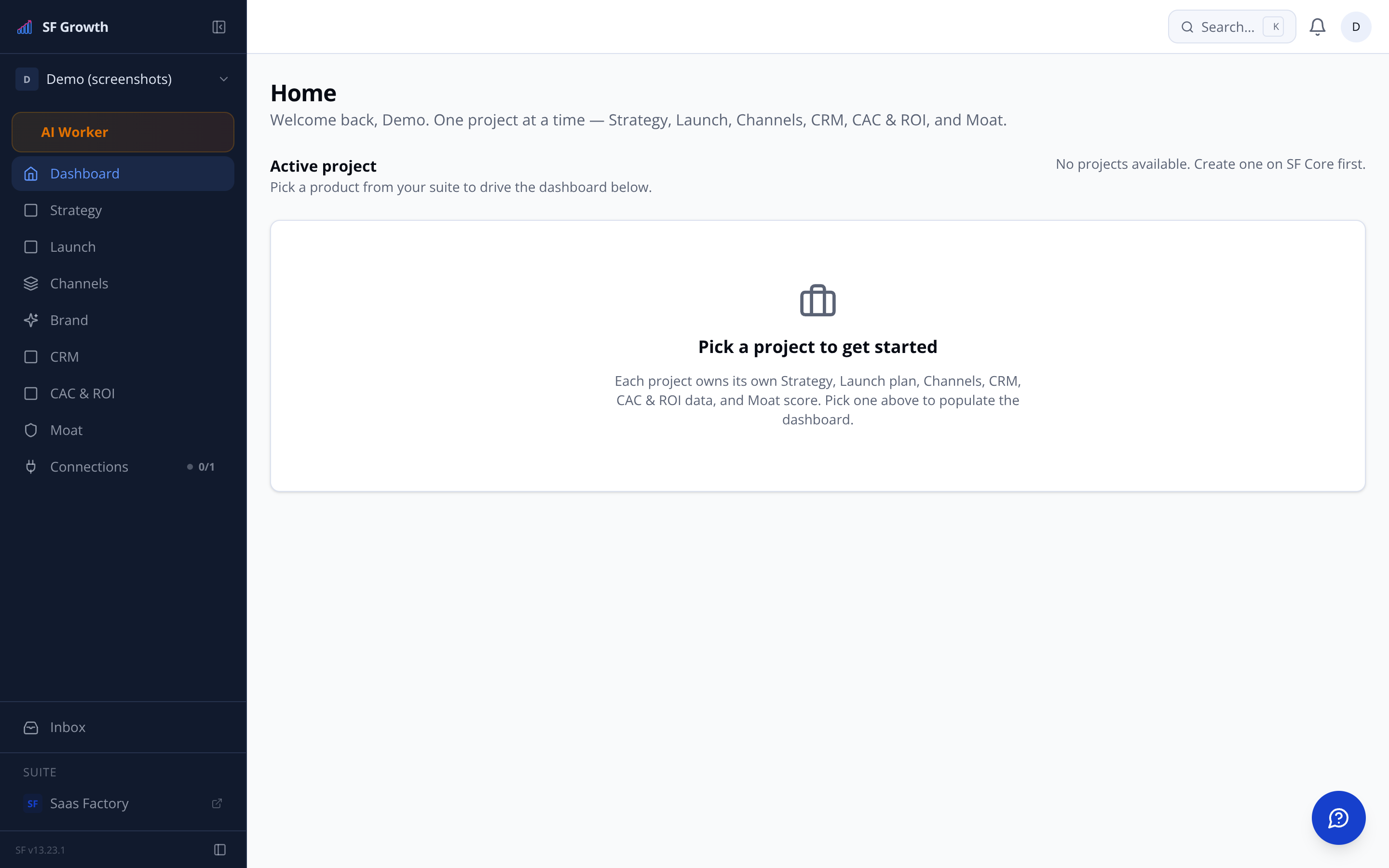 SF Growth dashboard — live project view with section cards for Strategy, Launch, Channels, CRM, CAC & ROI, and Moat